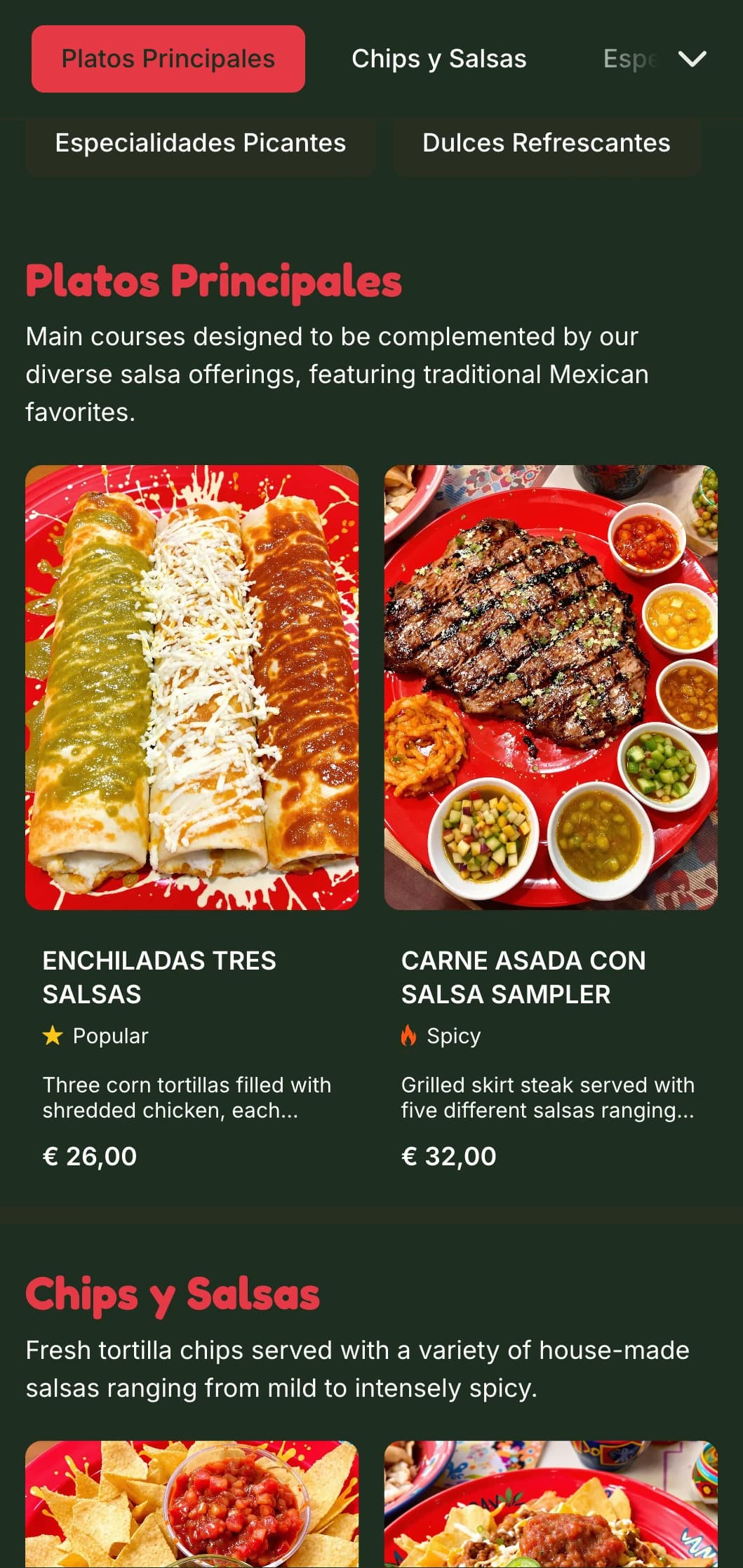 Vibrant and customizable menu focused on diverse Mexican salsas featuring bright red accents, spice levels, and complementary dishes.