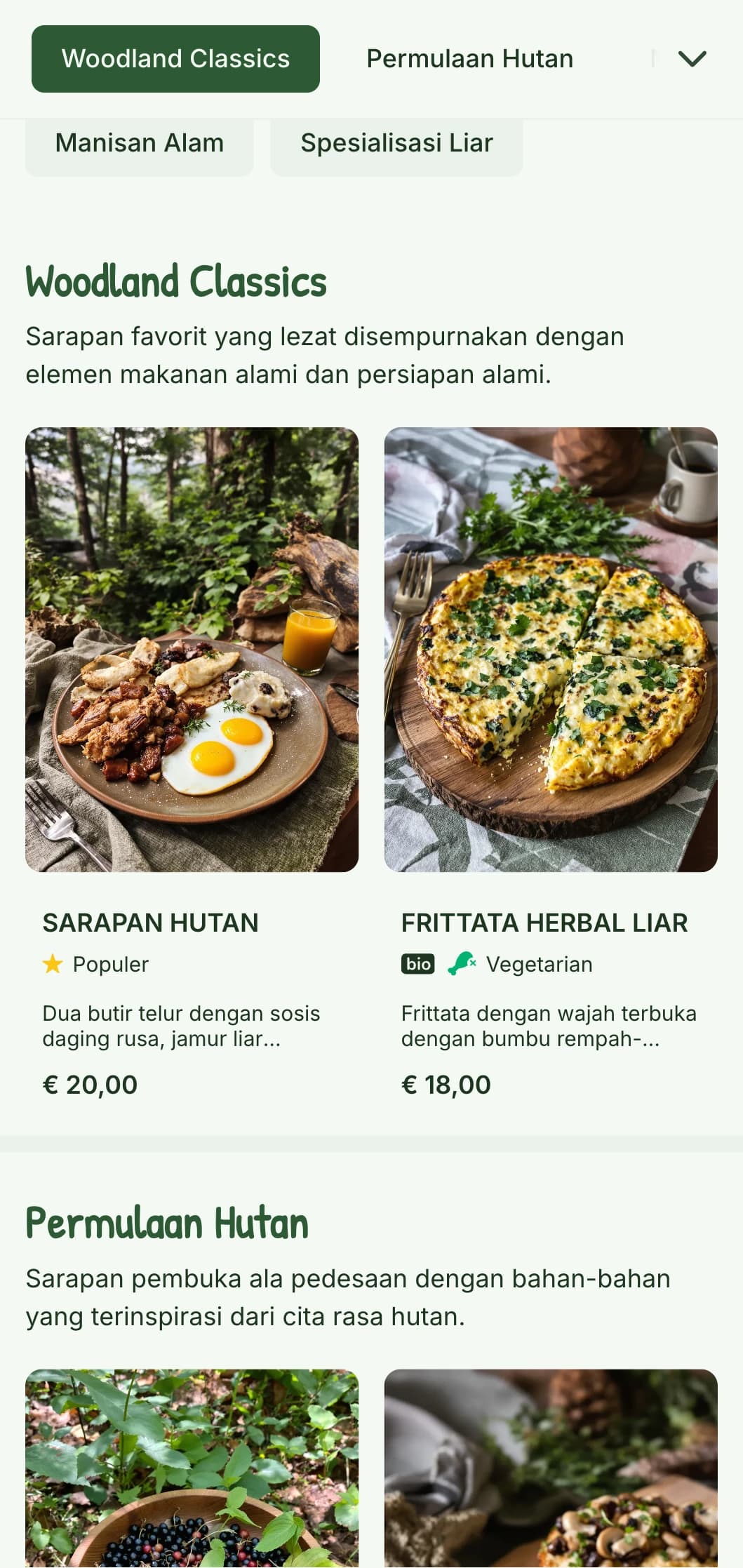 Pilihan sarapan ala pedesaan yang menampilkan elemen makanan alami dan presentasi alami yang terinspirasi oleh estetika hutan.