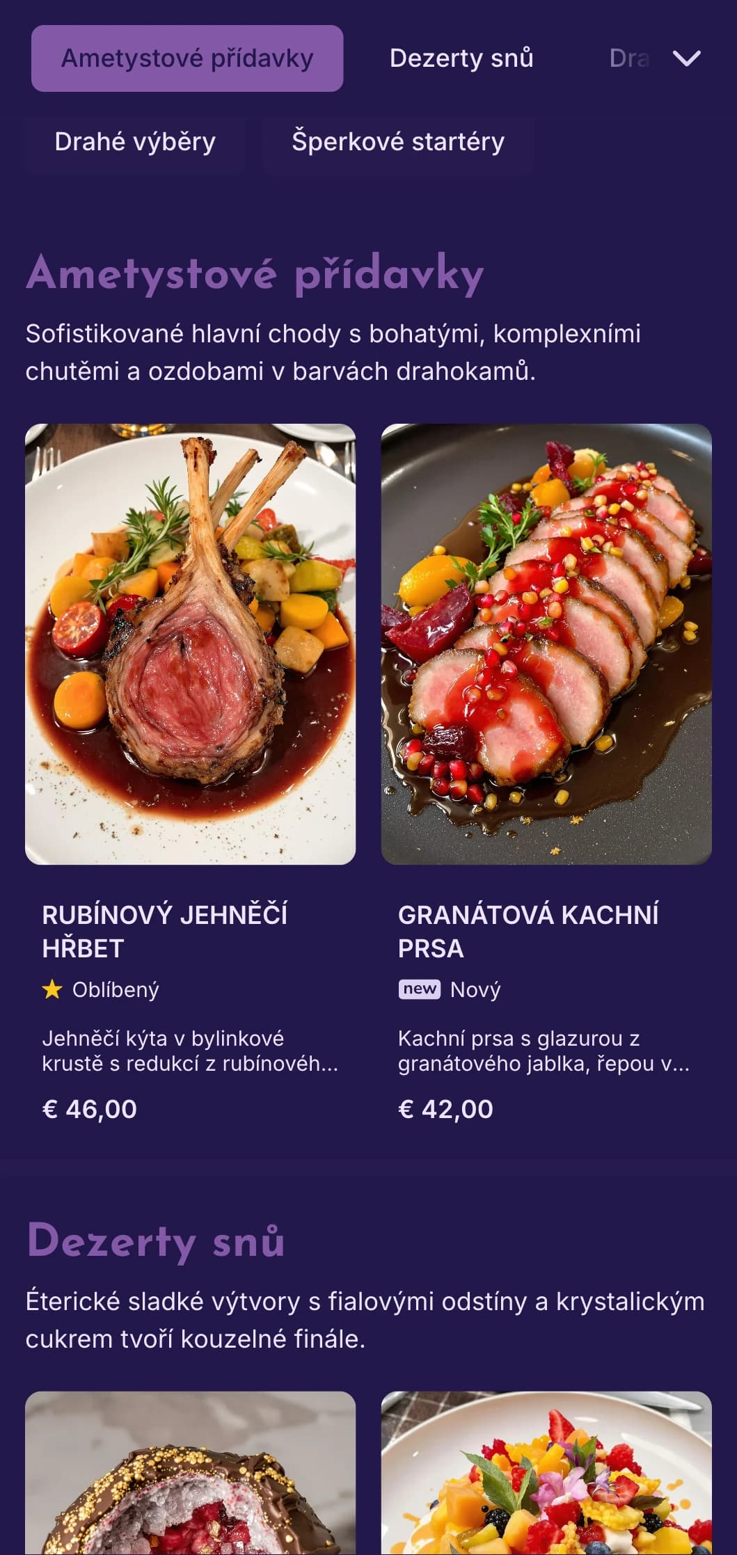 Okouzlující fialový koncept s moderními luxusními prvky inspirovanými drahými kameny.