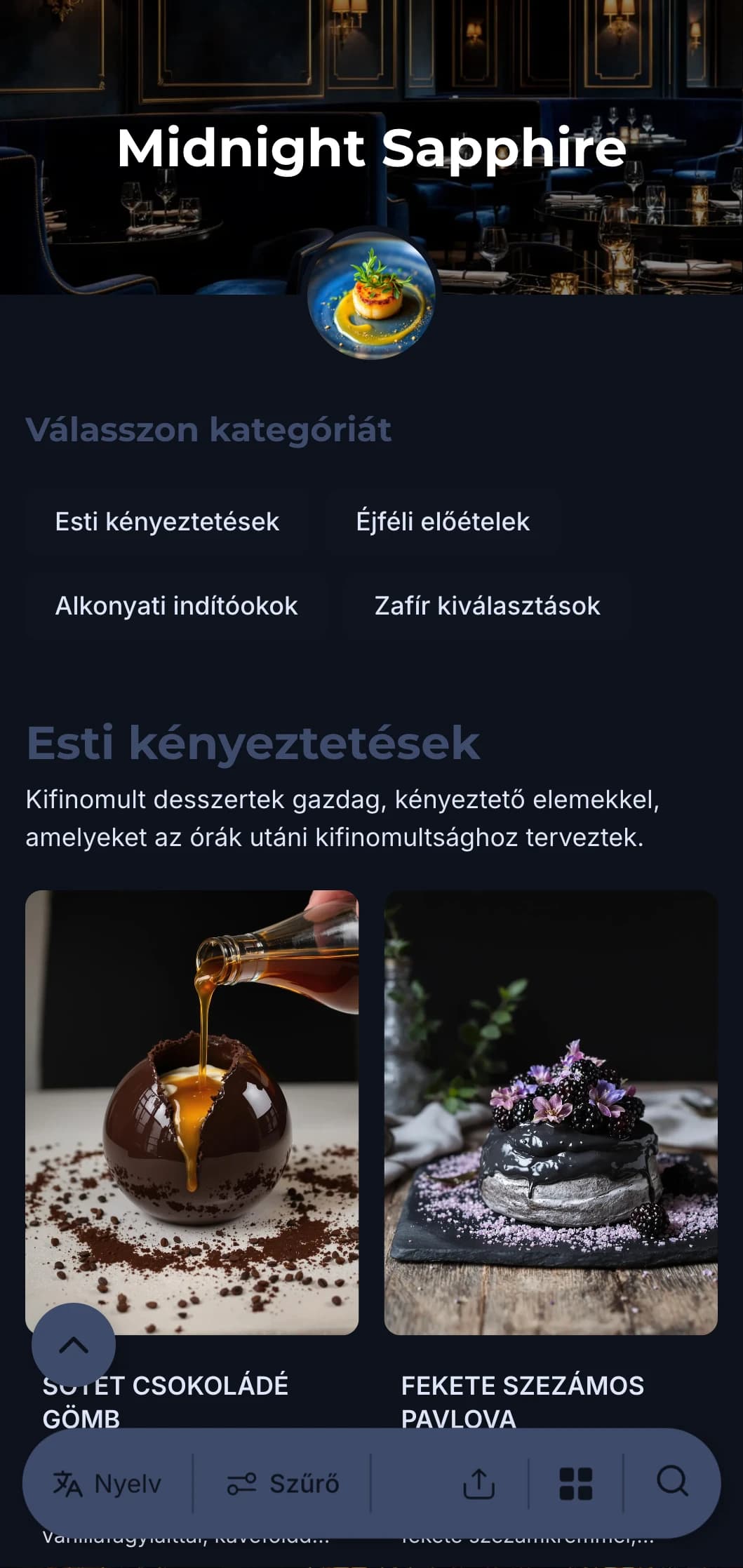 Kifinomult after-hours éttermi koncepció mélykék tónusokkal és finom luxuselemekkel a magával ragadó kulináris élményért.