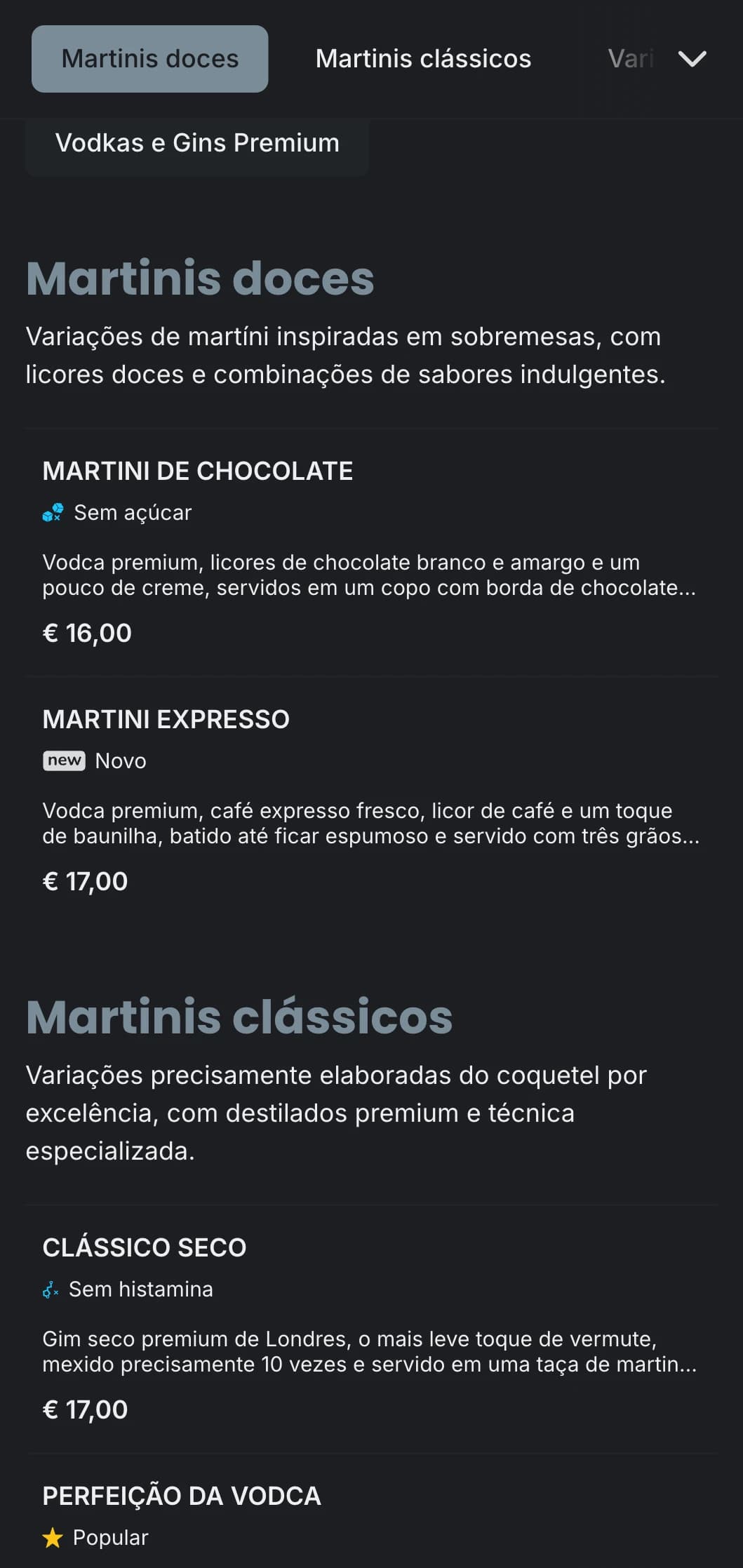 Um design de cardápio urbano e sofisticado para bares e lounges de martini com tipografia elegante e tons de cinza frios.
