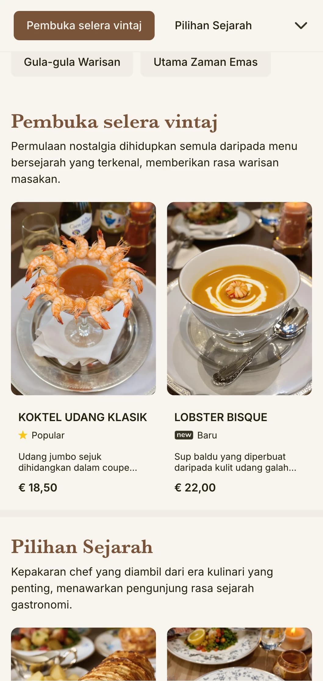Reka bentuk menu makan tengah hari nostalgia yang diilhamkan oleh zaman keemasan dengan rujukan sejarah dan perincian halus, sesuai untuk restoran bersejarah dengan tradisi yang kaya.