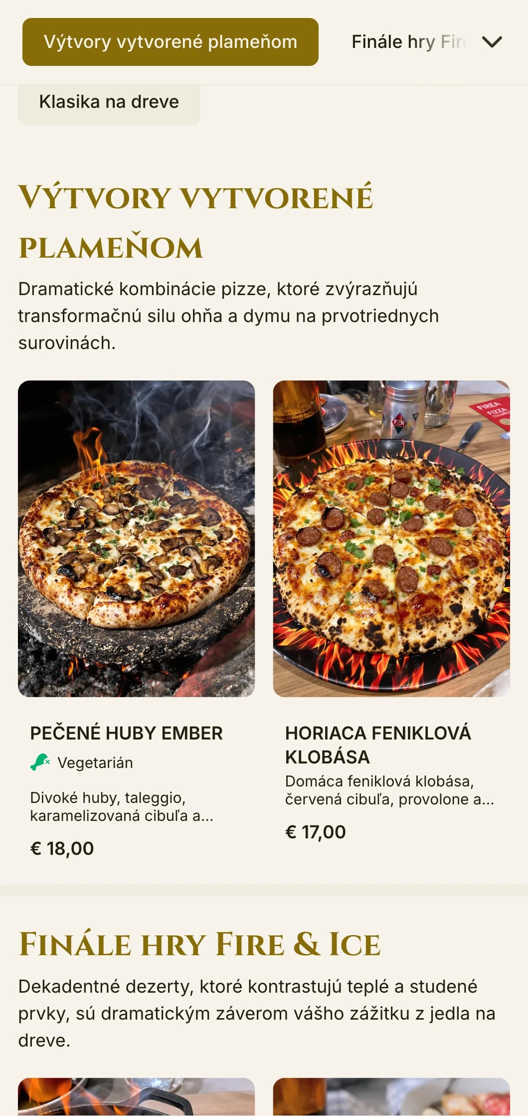 Dramatické menu pizze v sýtych farbách a s výraznou typografiou pre špecialistov na drevo.