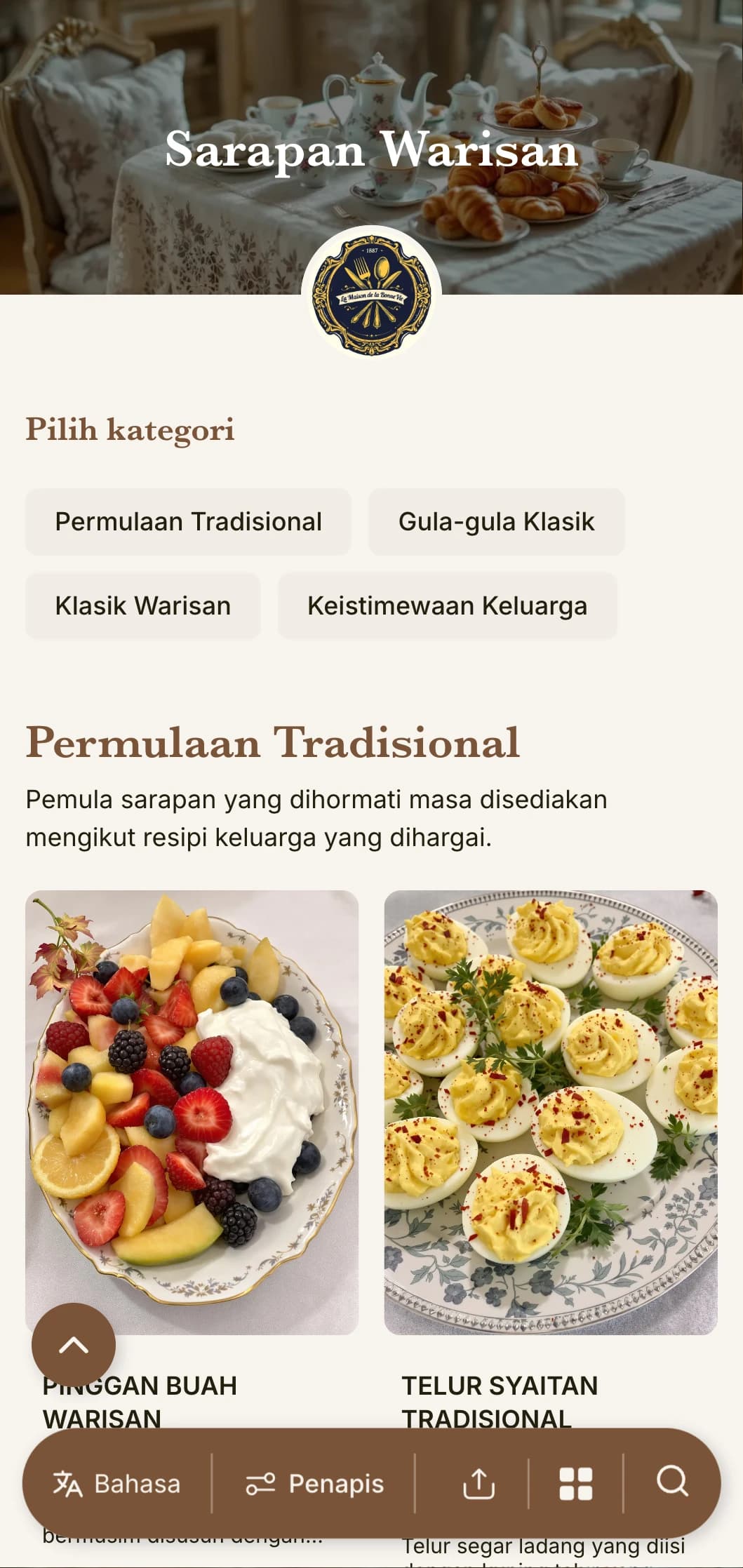 Pilihan sarapan tradisional yang diilhamkan oleh resipi keluarga abadi dan teknik masakan klasik.