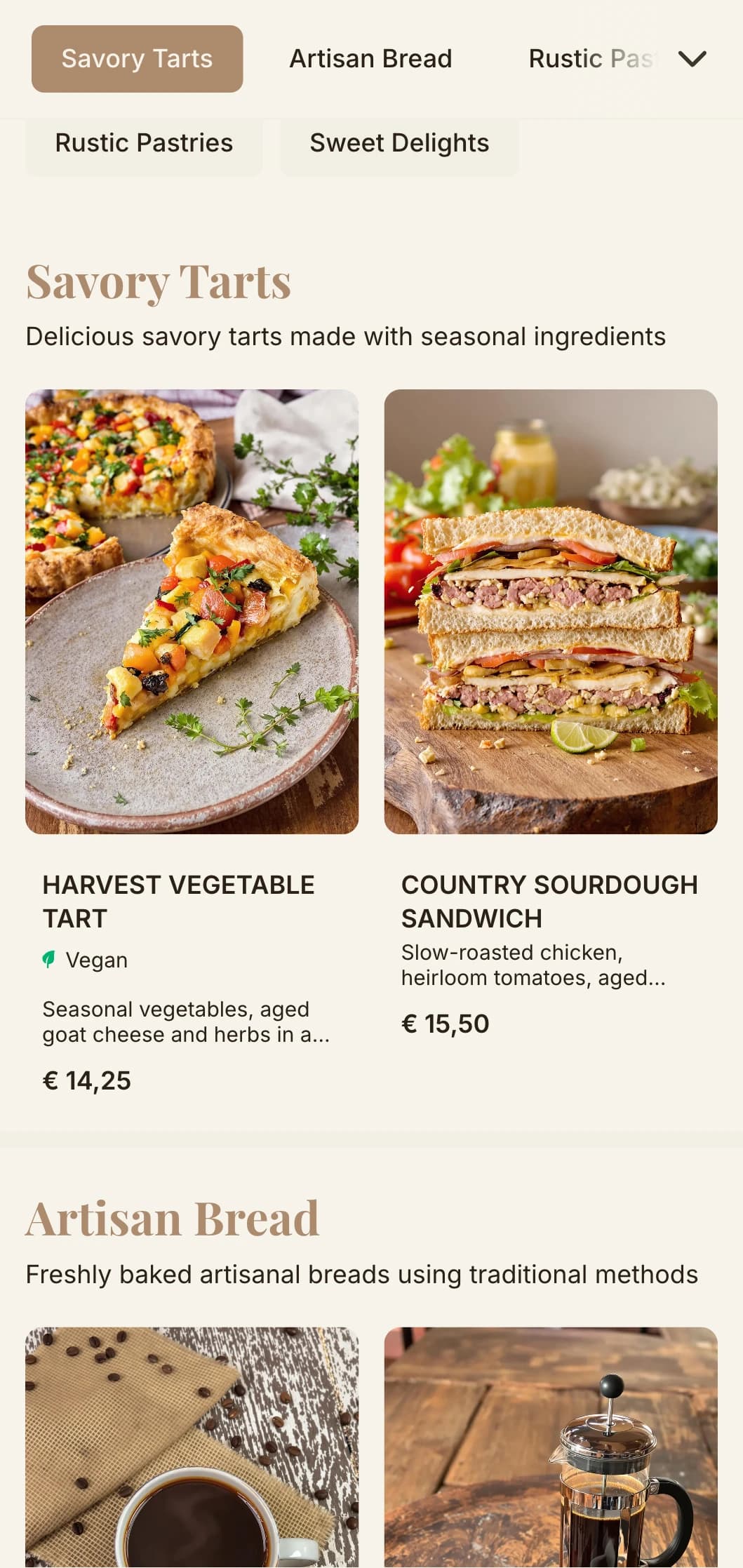 Earthy tones with artisanal typography for bakery-focused cafes and patisseries.