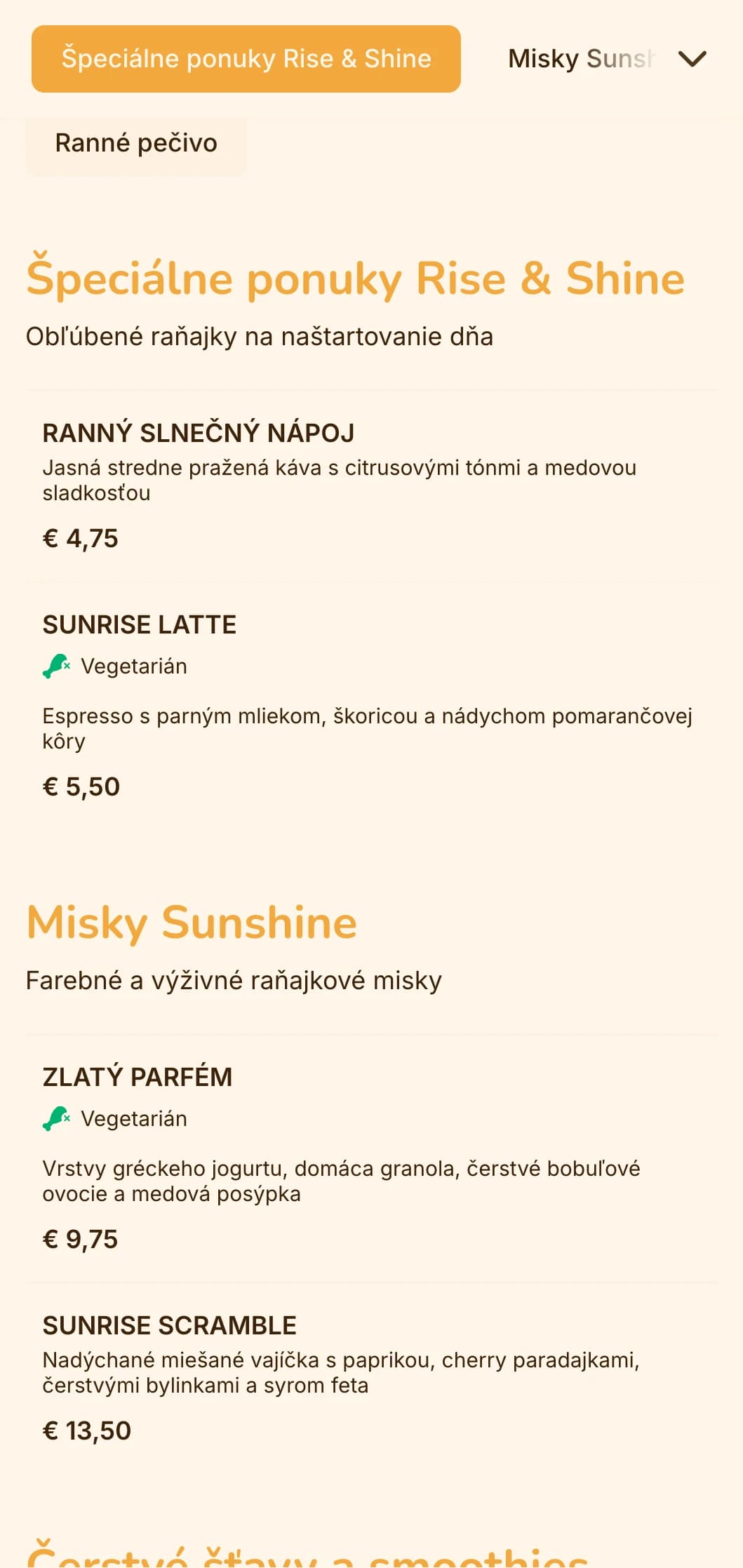 Veselý žlto-oranžový dizajn so slnečnými prvkami pre raňajkové reštaurácie a miesta na brunch.
