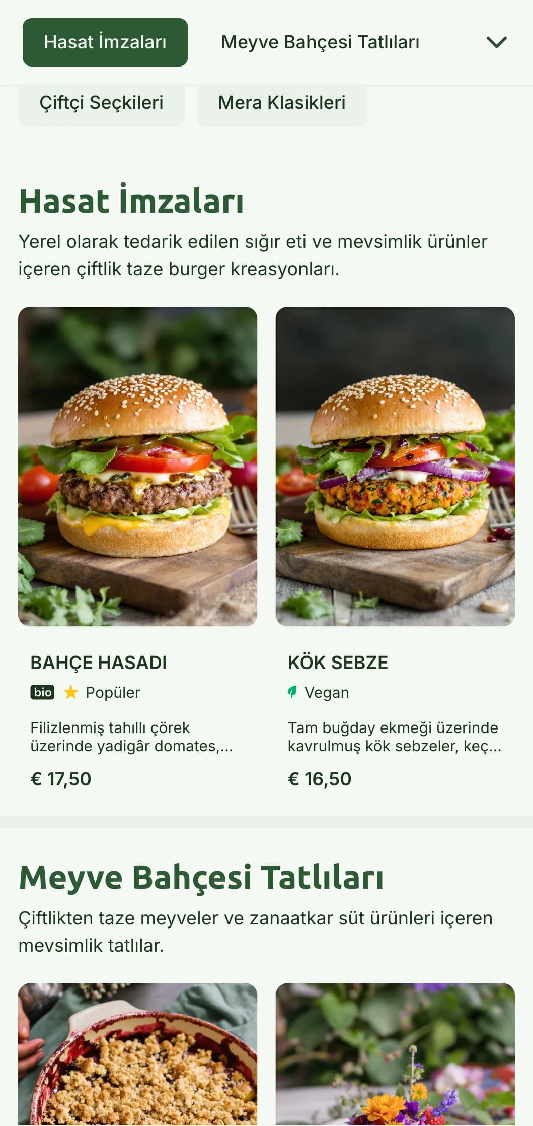 Doğal yeşillikler ve içerik kalitesini vurgulayan rustik unsurlar içeren sağlıklı çiftlikten masaya burger konsepti.