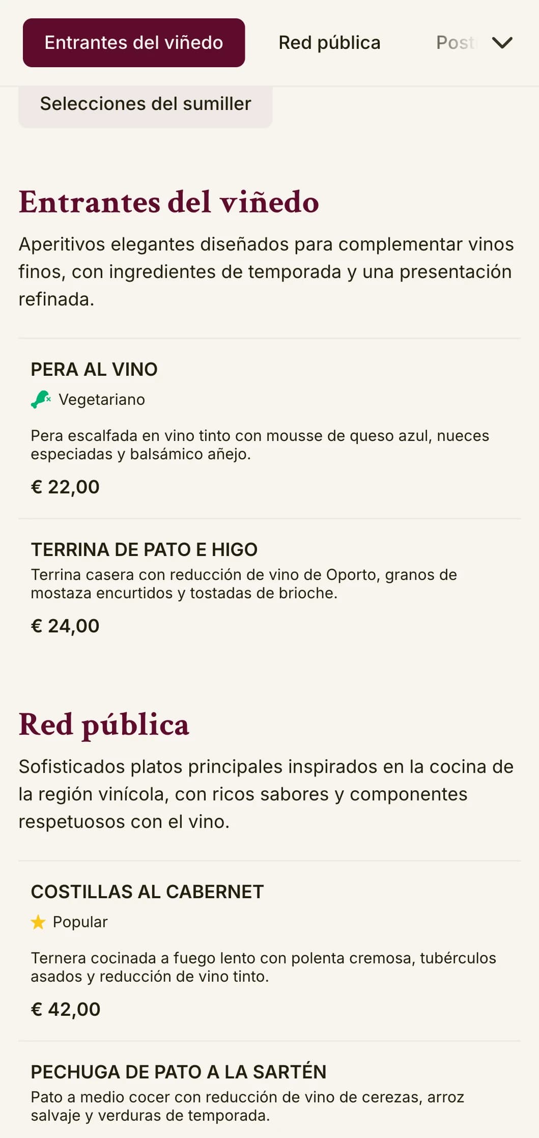 Un sofisticado menú de cena con colores inspirados en el vino y una elegante tipografía, diseñado para establecimientos con amplios programas de vino.