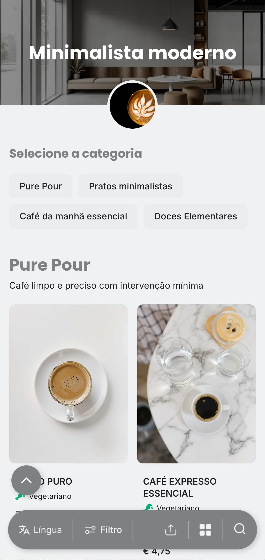 Design monocromático limpo com elementos mínimos para cafeterias contemporâneas com uma estética moderna.
