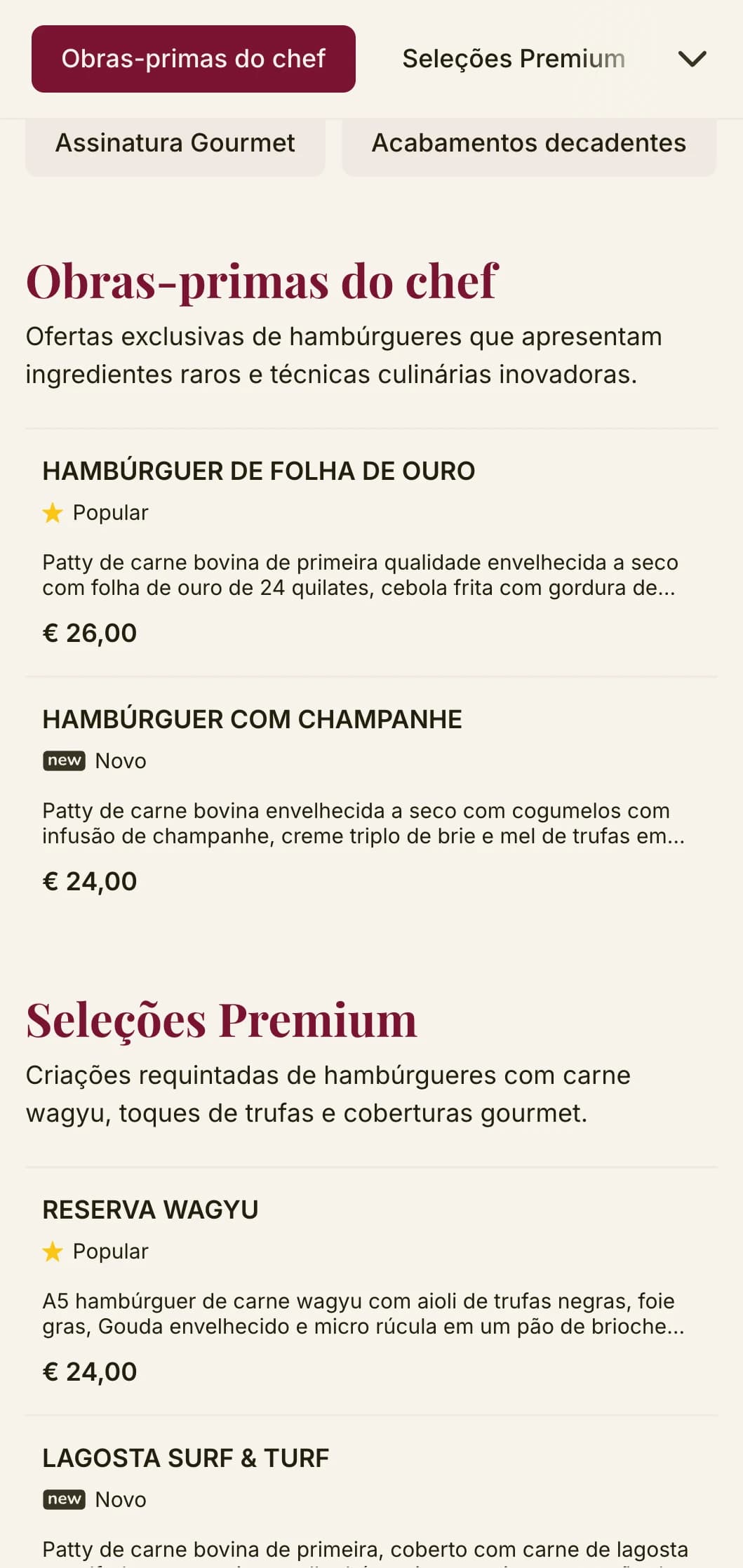 Uma lanchonete de hambúrgueres sofisticada com tipografia premium e uma paleta de cores rica para uma experiência de hambúrguer de alto nível.