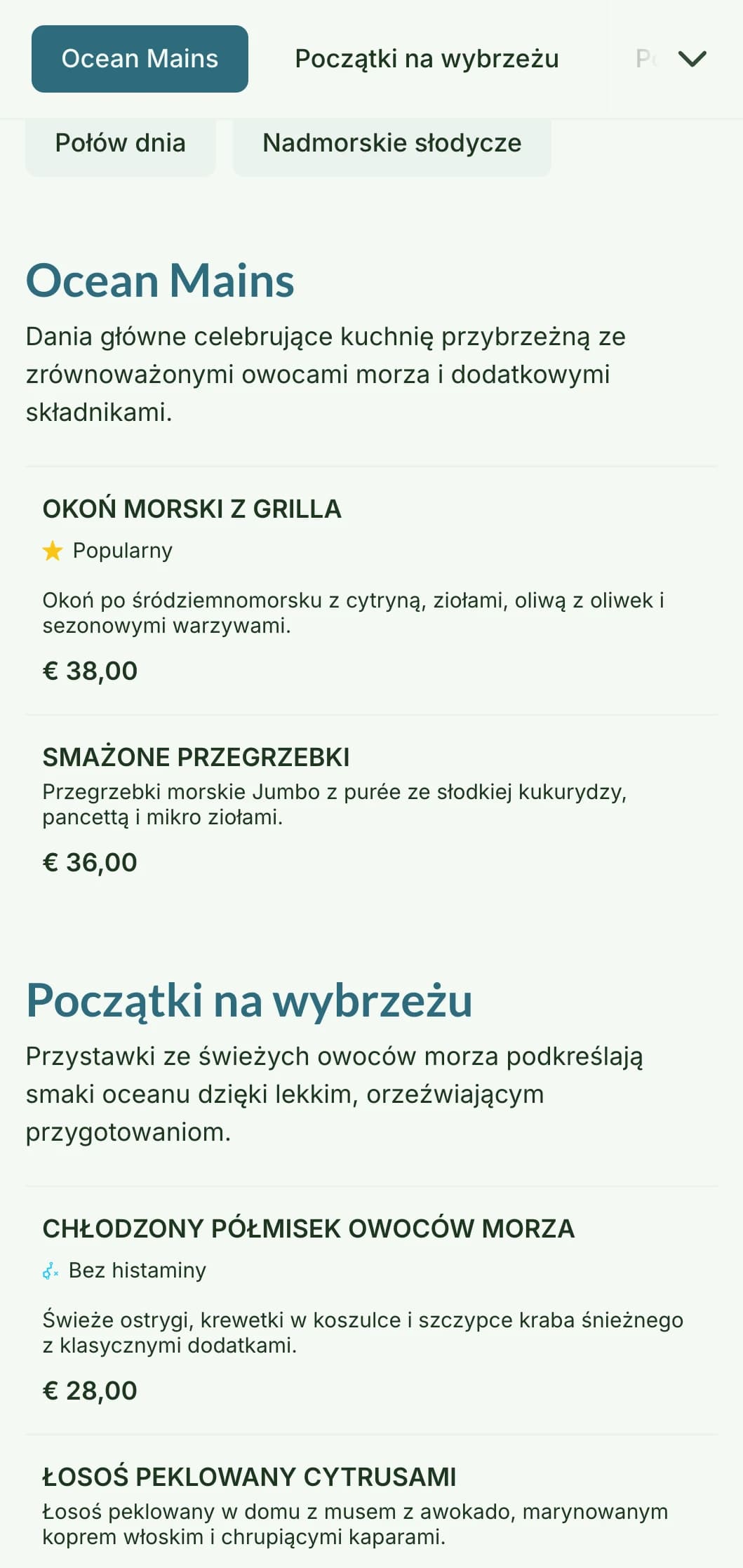 Świeży i przewiewny projekt menu obiadowego inspirowany nadmorskim stylem życia, z delikatnymi błękitami i naturalnymi teksturami, idealny do restauracji serwujących owoce morza.