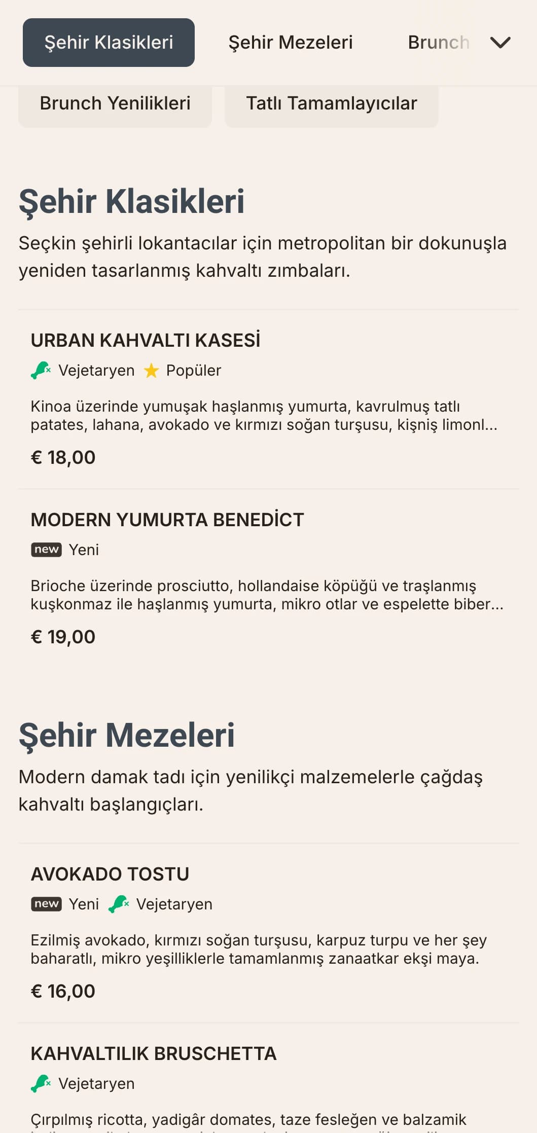 Modern şehirli için minimalist sunum ve yenilikçi lezzet kombinasyonları içeren şık, çağdaş kahvaltı seçenekleri.