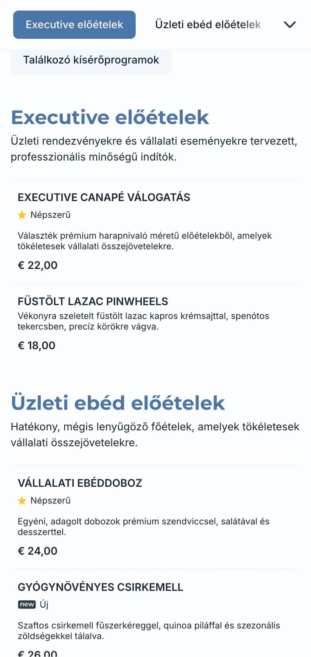 Üzleti találkozók és vállalati rendezvények számára kialakított professzionális catering-szolgáltatás, amely a hatékony kiszolgálásra és a minőségi prezentációra összpontosít.