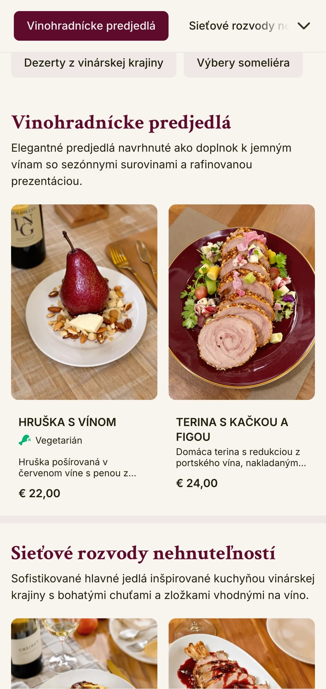 Sofistikované večerné menu s farbami inšpirovanými vínom a elegantnou typografiou, určené pre podniky s rozsiahlymi vínnymi programami.