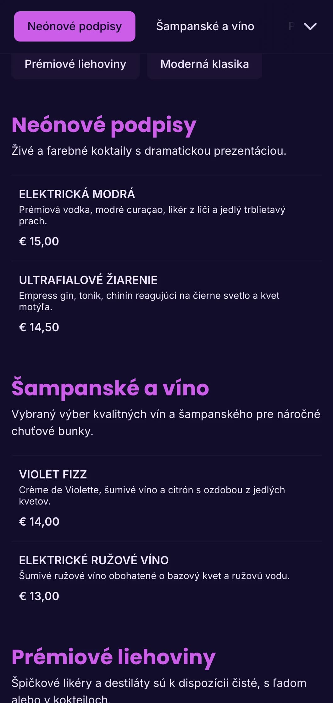 Žiarivý fialový a ultrafialový dizajn pre módne nočné kluby a koktailové salóny.