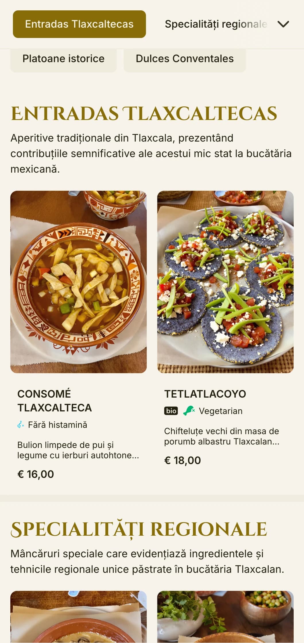 Meniu elegant și istoric care celebrează tradițiile culinare din Tlaxcala, cu accente aurii, influențe prehispanice și specialități regionale.