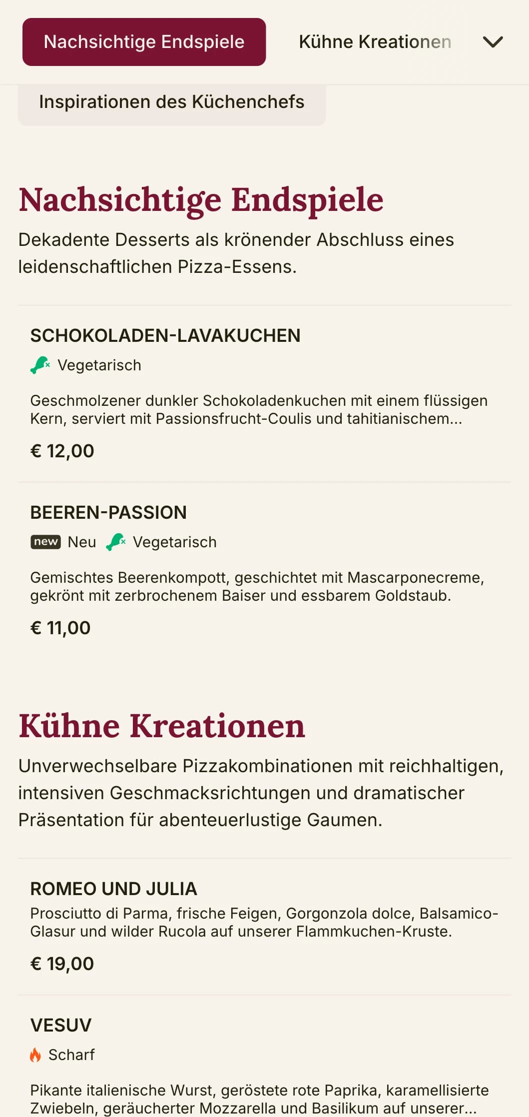 Kühnes und leidenschaftliches Pizzamenü-Design mit kräftigen Farben und theatralischen Elementen für Pizzerien mit unverwechselbarem Charakter.