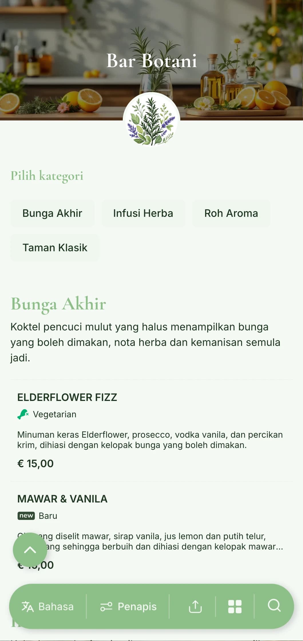 Reka bentuk menu segar yang diilhamkan oleh taman untuk bar yang mengkhusus dalam koktel yang diselitkan herba dan botani.