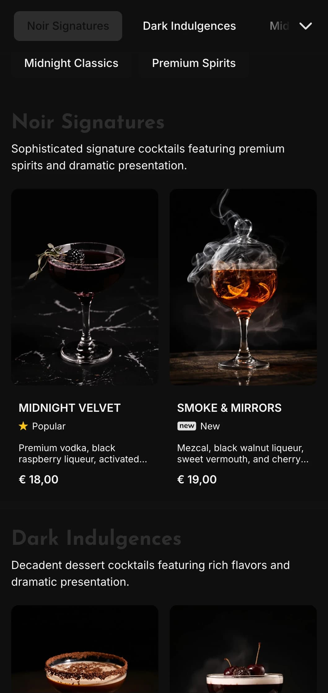A sleek, dark design for contemporary cocktail lounges and nightclubs featuring high-contrast elements and bold typography.