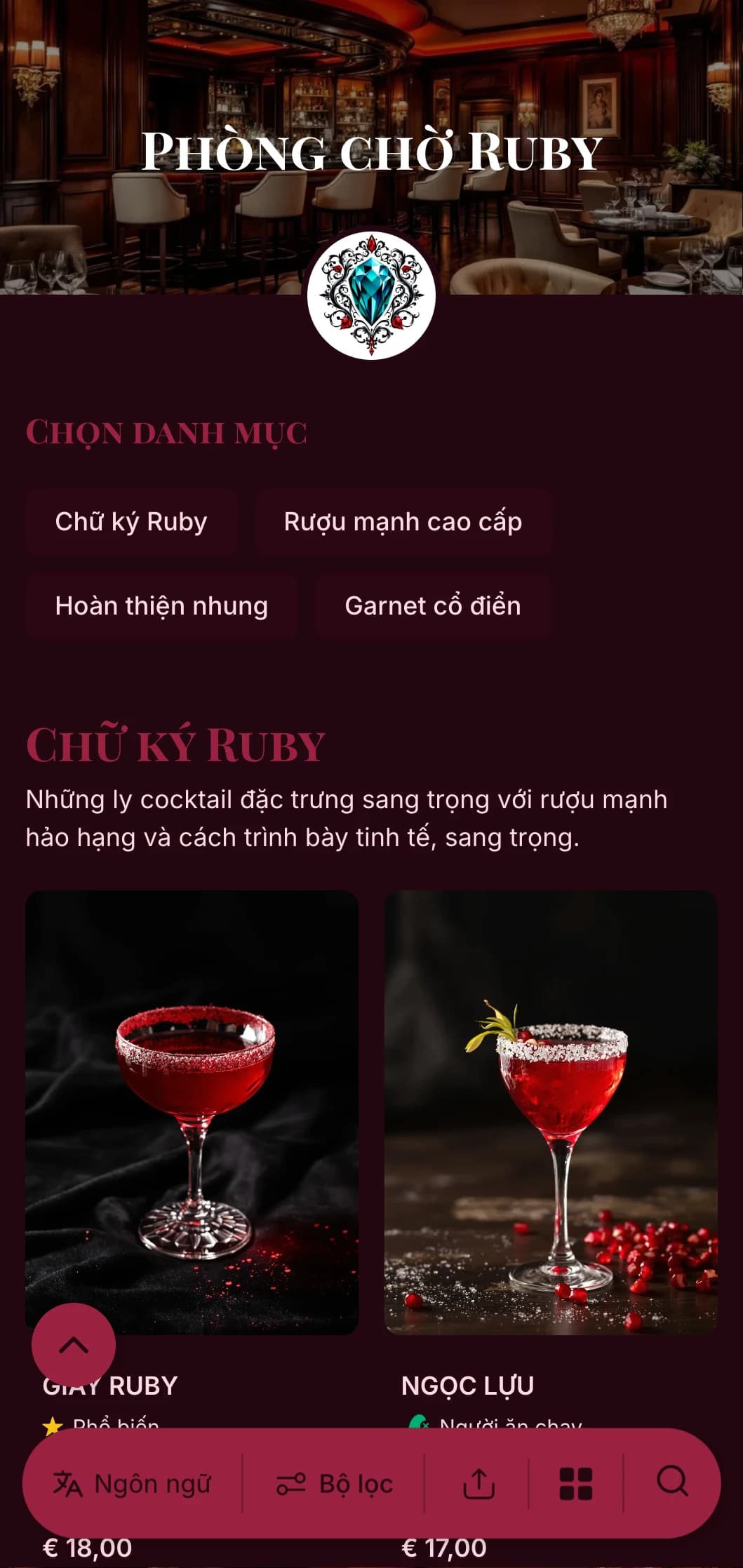 Thiết kế sang trọng, tông màu trang sức dành cho quầy bar và phòng chờ cocktail cao cấp với điểm nhấn màu hồng ngọc và kiểu chữ thanh lịch.