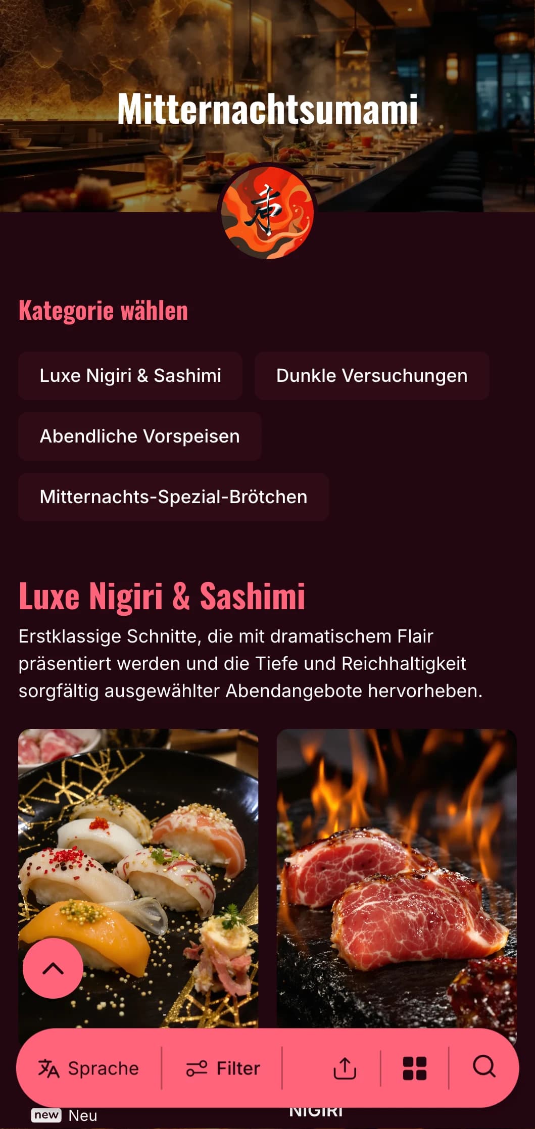 Luxuriöses Sushi-Erlebnis am späten Abend mit starken Kontrasten, mit sattem Burgunderrot und hellen Akzenten vor einem tiefen Hintergrund.