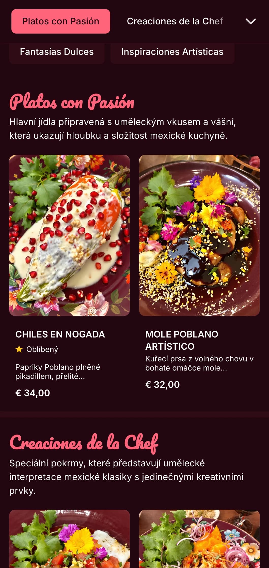 Umělecké a živé menu inspirované Fridou Kahlo s jasně růžovými akcenty, barevnými mexickými pokrmy a kreativními prezentacemi.