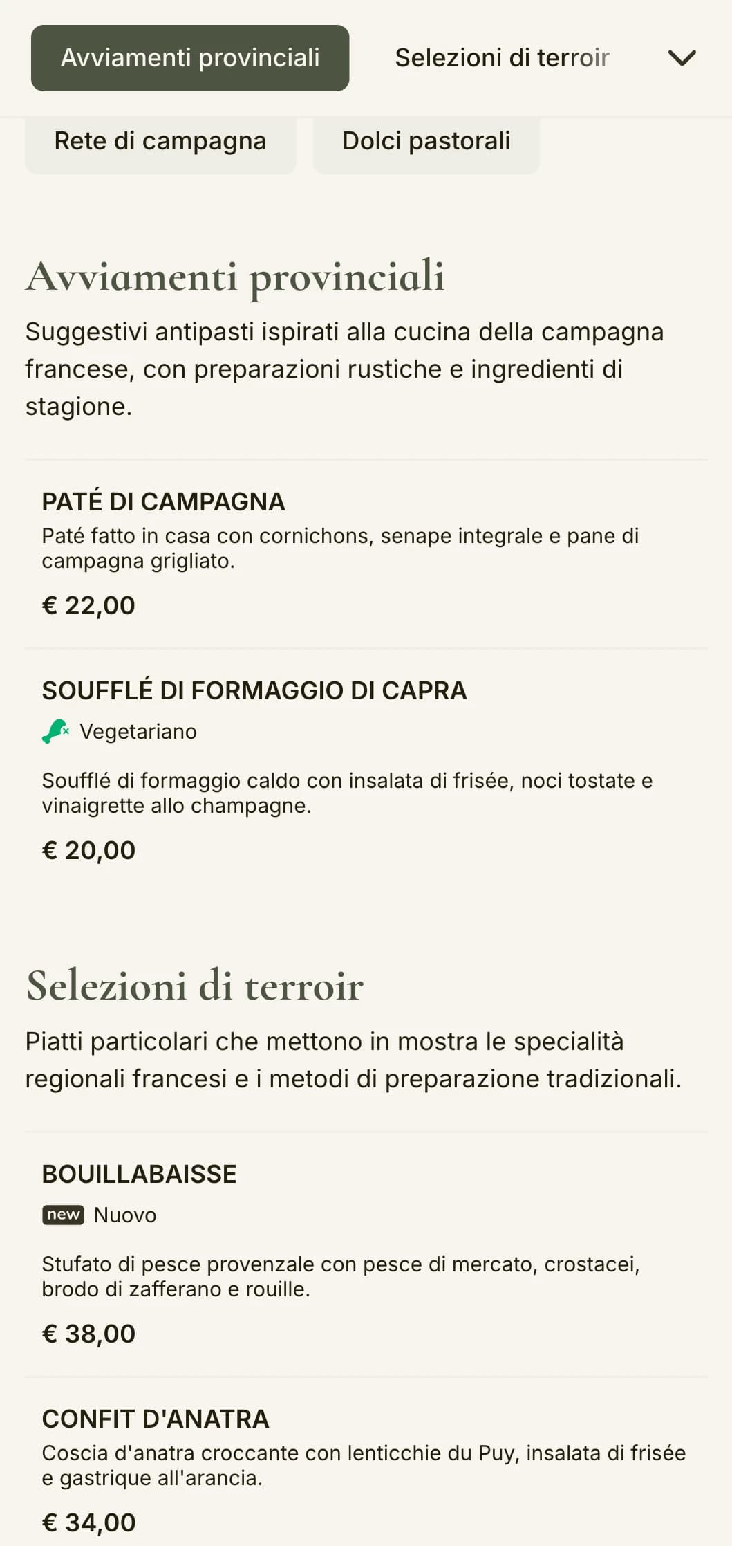 Un menu di charme ispirato all'estetica della campagna francese, con toni verde salvia ed eleganza rustica.