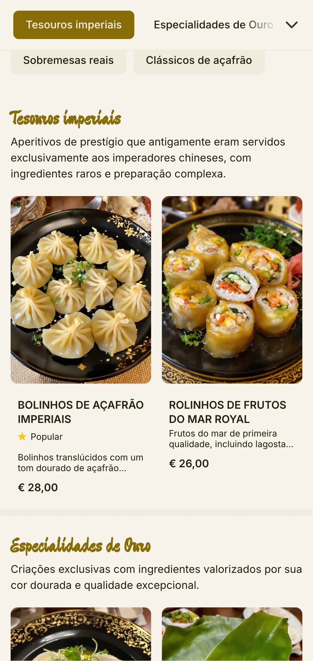 Design luxuoso do cardápio chinês inspirado nas cores imperiais do açafrão, com elementos ricos para experiências culinárias reais.