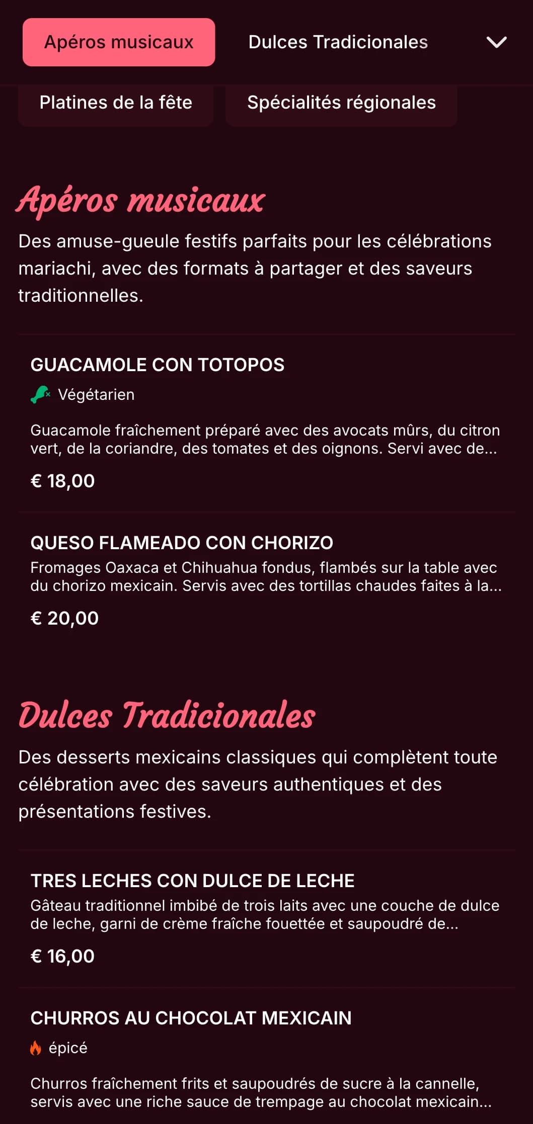 Un menu mexicain vivant et musical avec des accents roses vifs, des images de mariachis et des plats festifs parfaits pour les célébrations et les fêtes.