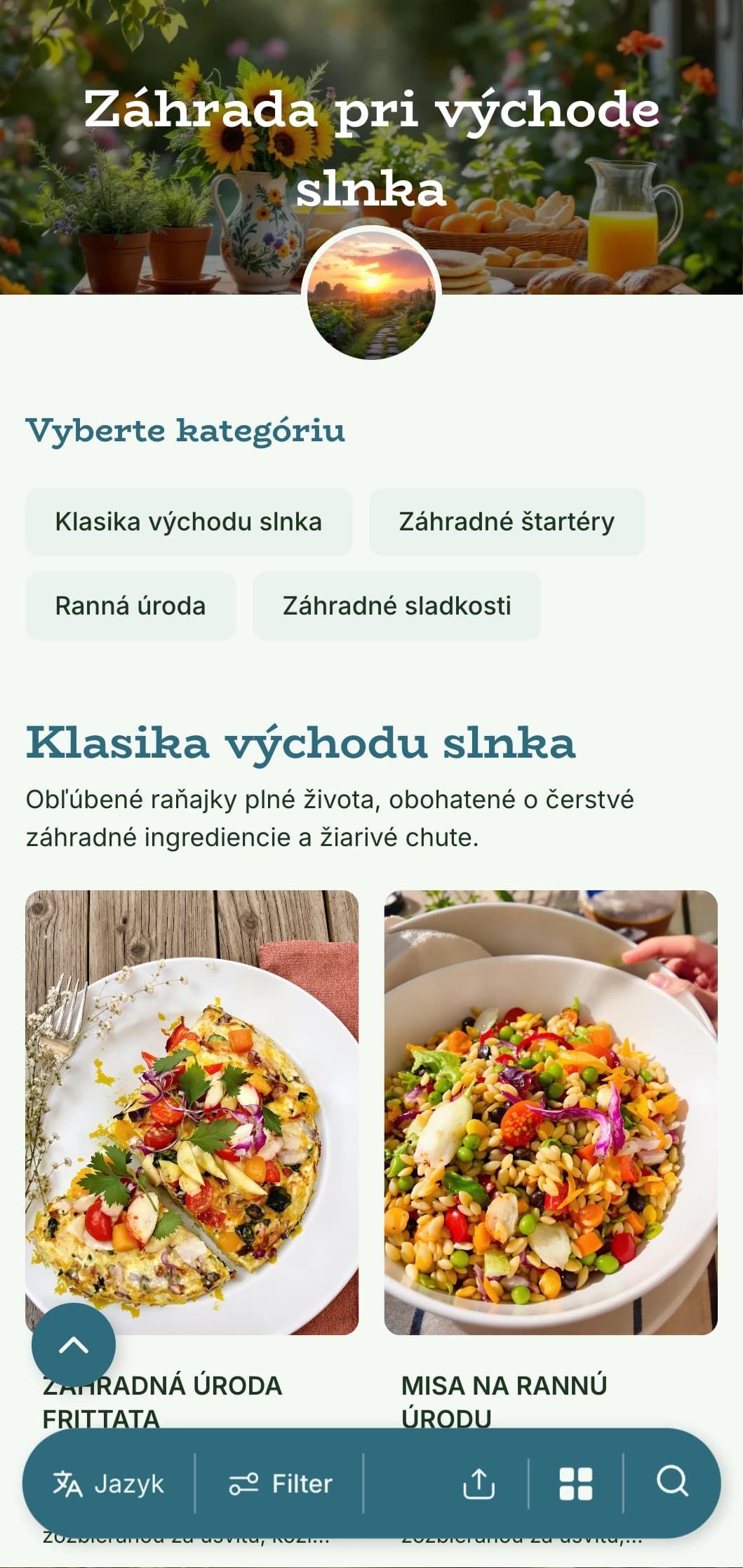 Čerstvé raňajky inšpirované záhradou s organickými surovinami a živou prezentáciou s prírodnými prvkami.