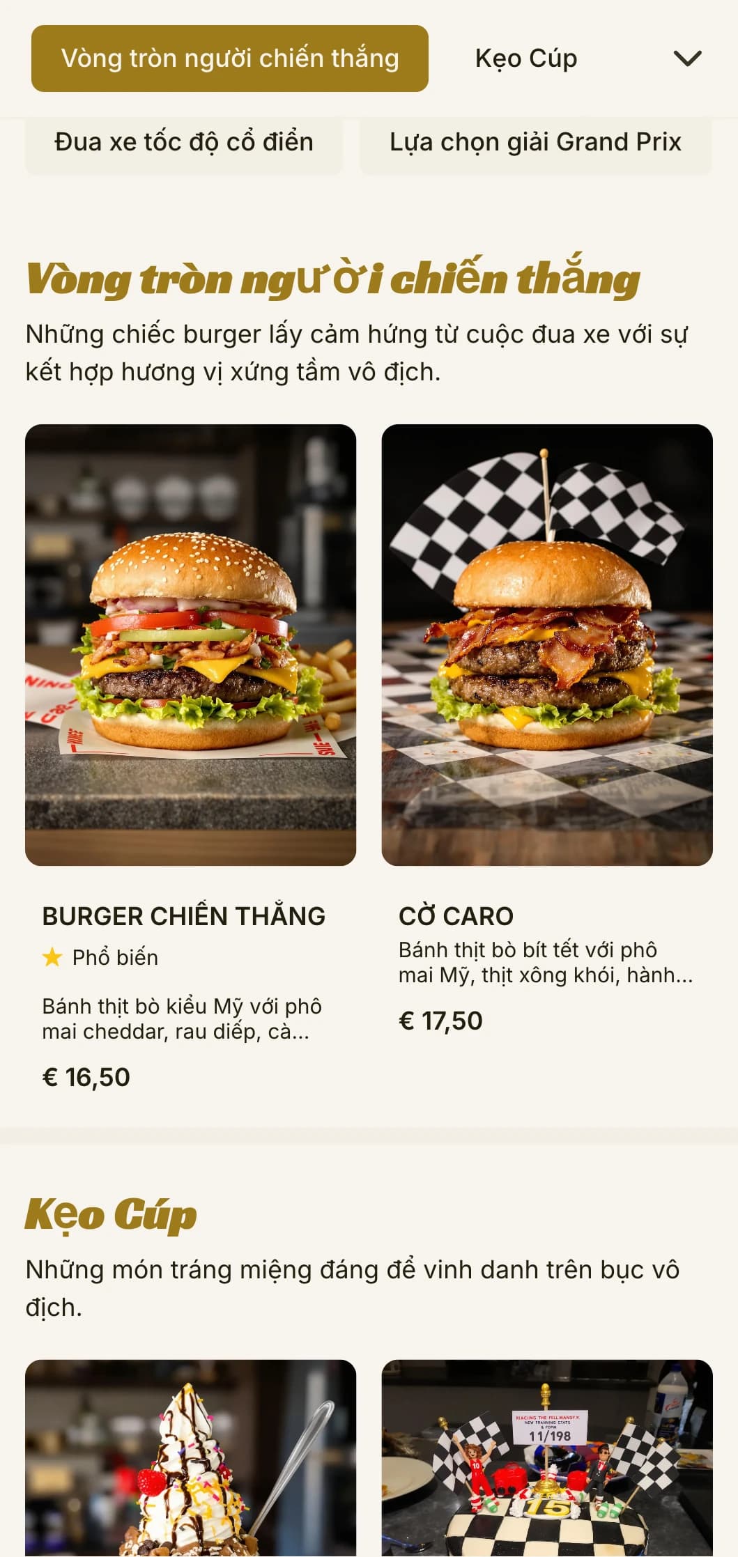 Quán burger lấy cảm hứng từ đua xe với các yếu tố thể thao và không khí chiến thắng.