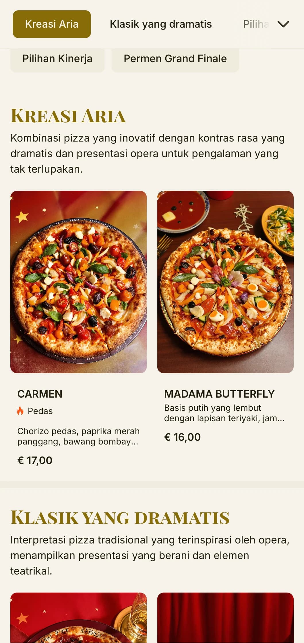 Menu pizza teatrikal yang terinspirasi dari opera Italia dengan hirarki visual yang dramatis.