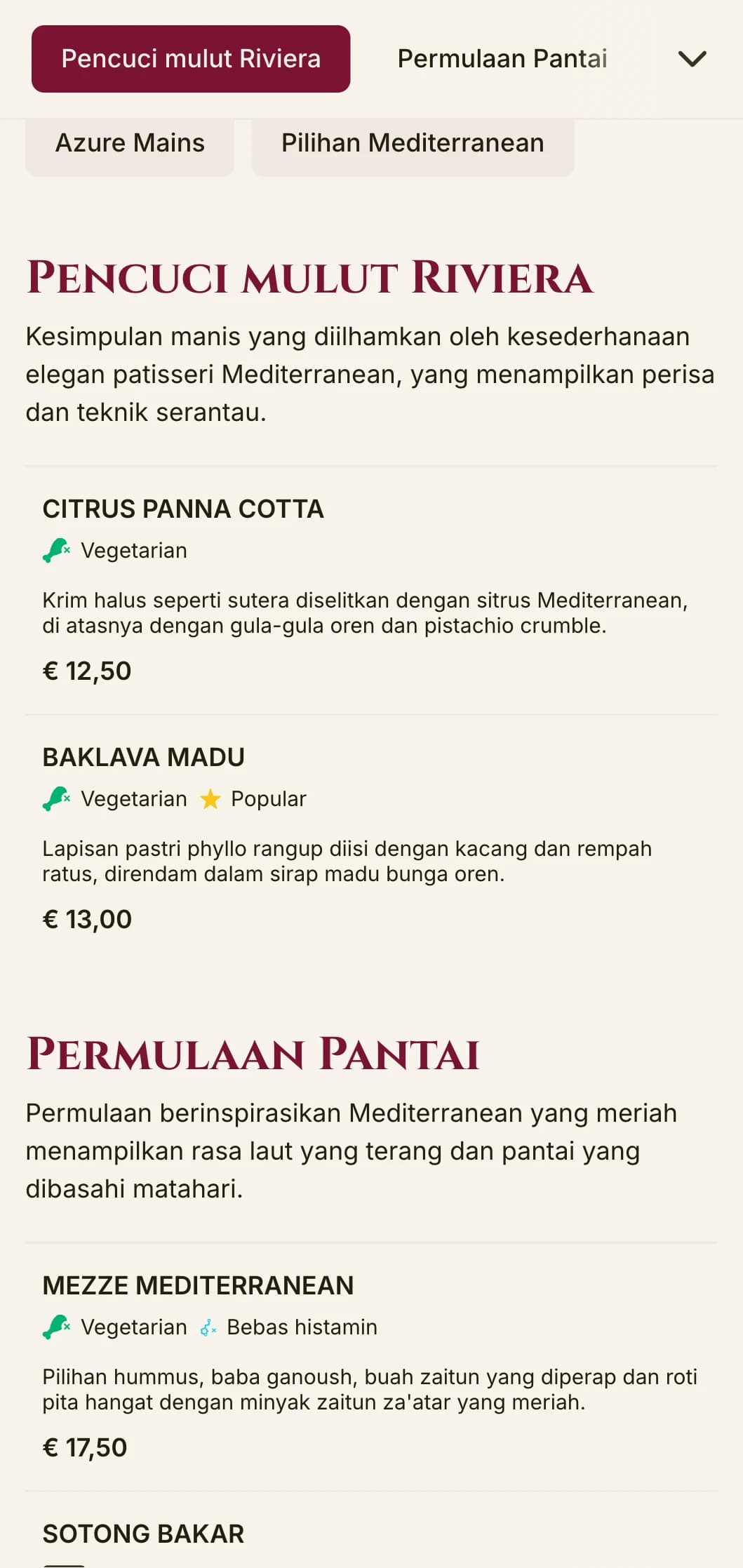 Reka bentuk menu makan tengah hari yang menarik dan berinspirasikan Mediterranean dengan aksen bersemangat dan susun atur yang elegan, sesuai untuk restoran tepi pantai mewah dan tempat makan destinasi percutian.