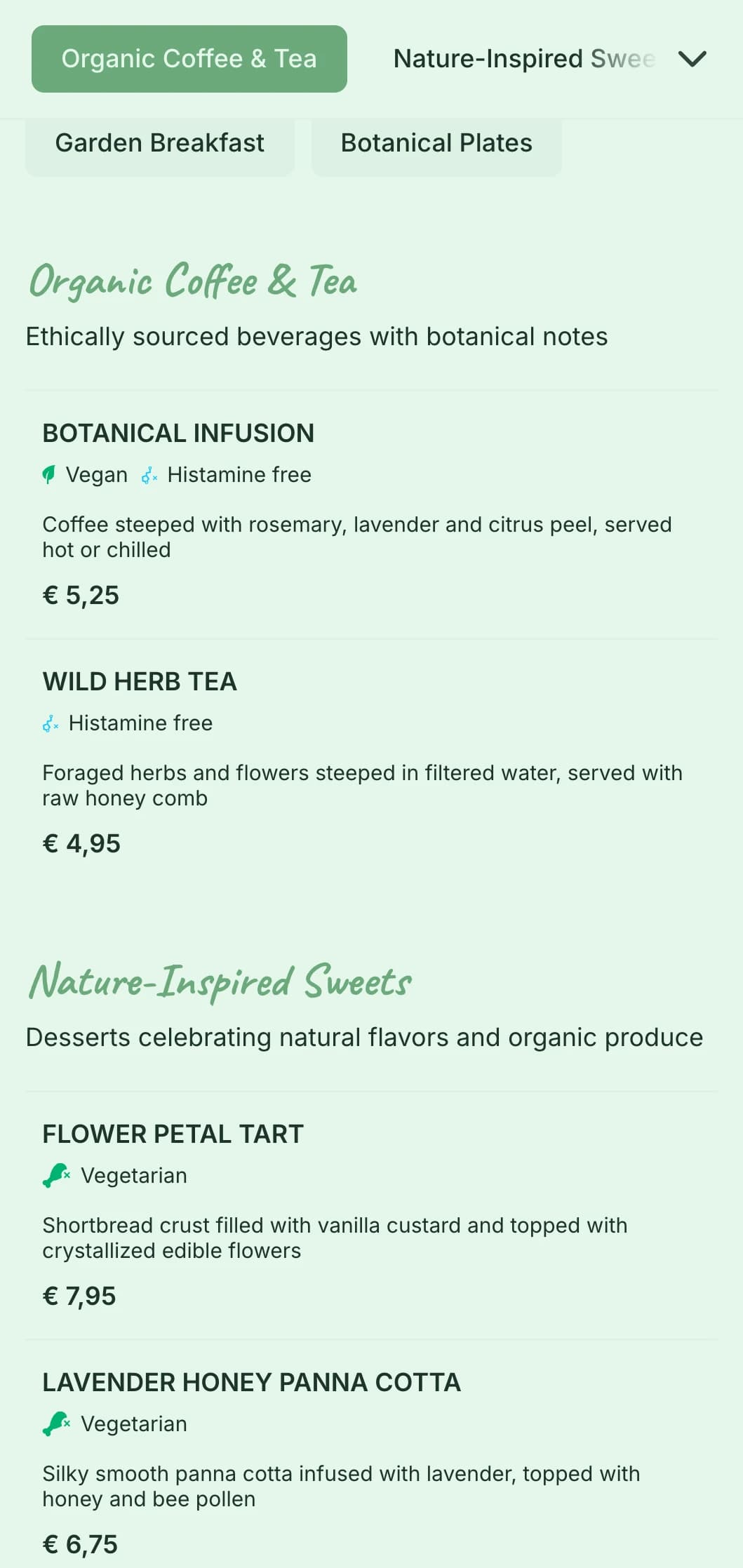 Fresh green-themed design with botanical elements for garden cafes and organic brunch spots.
