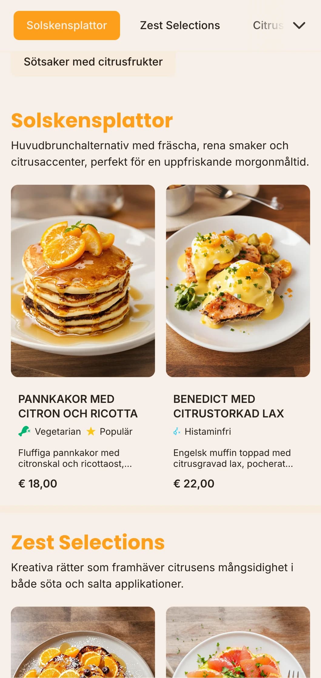 Ljus och energisk brunchmall med orangea accenter, perfekt för juicebarer och hälsofokuserade caféer.