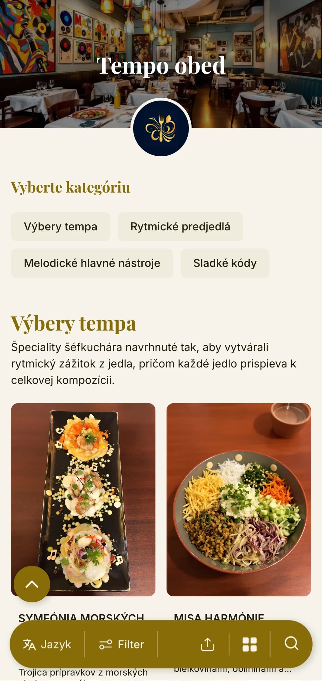 Dynamický, rytmom inšpirovaný dizajn obedového menu s hudobnými prvkami a plynulým rozložením, ideálny pre reštaurácie v blízkosti divadiel a kultúrnych zariadení.