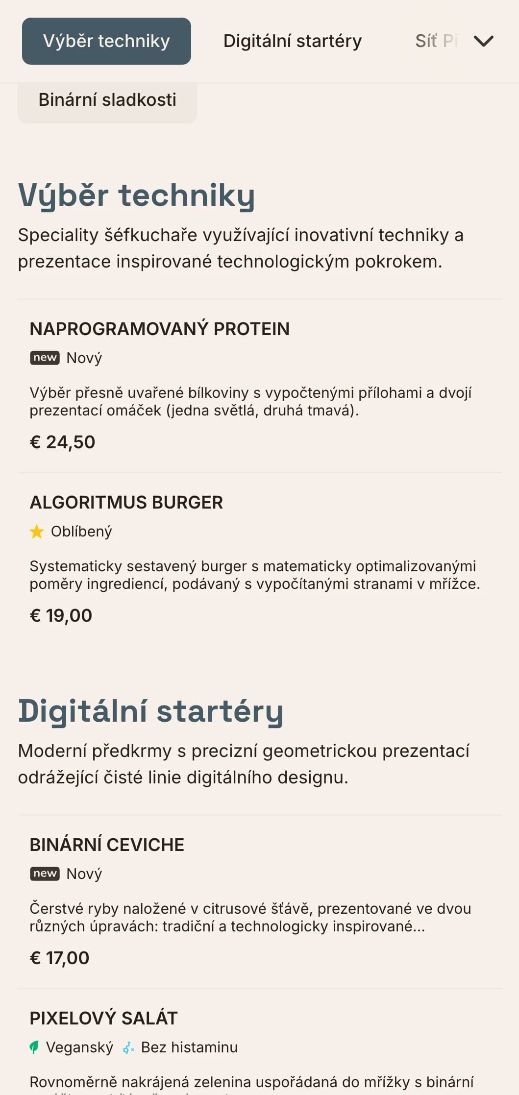 Design obědového menu inspirovaný digitálními technologiemi s estetikou a přesným rozvržením mřížky, ideální pro restaurace v inovačních čtvrtích a v blízkosti technologických firem.