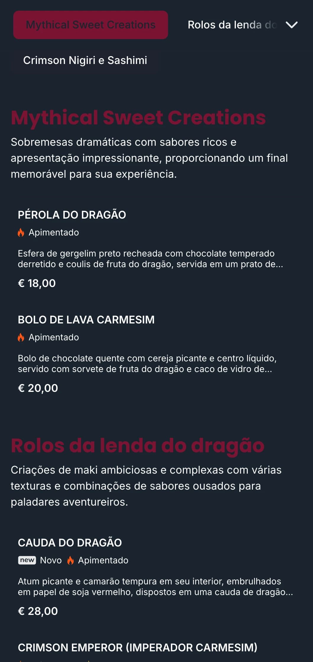 Cardápio de sushi arrojado e dramático, com ricos tons de vermelho, inspirado na tradicional mitologia japonesa do dragão.