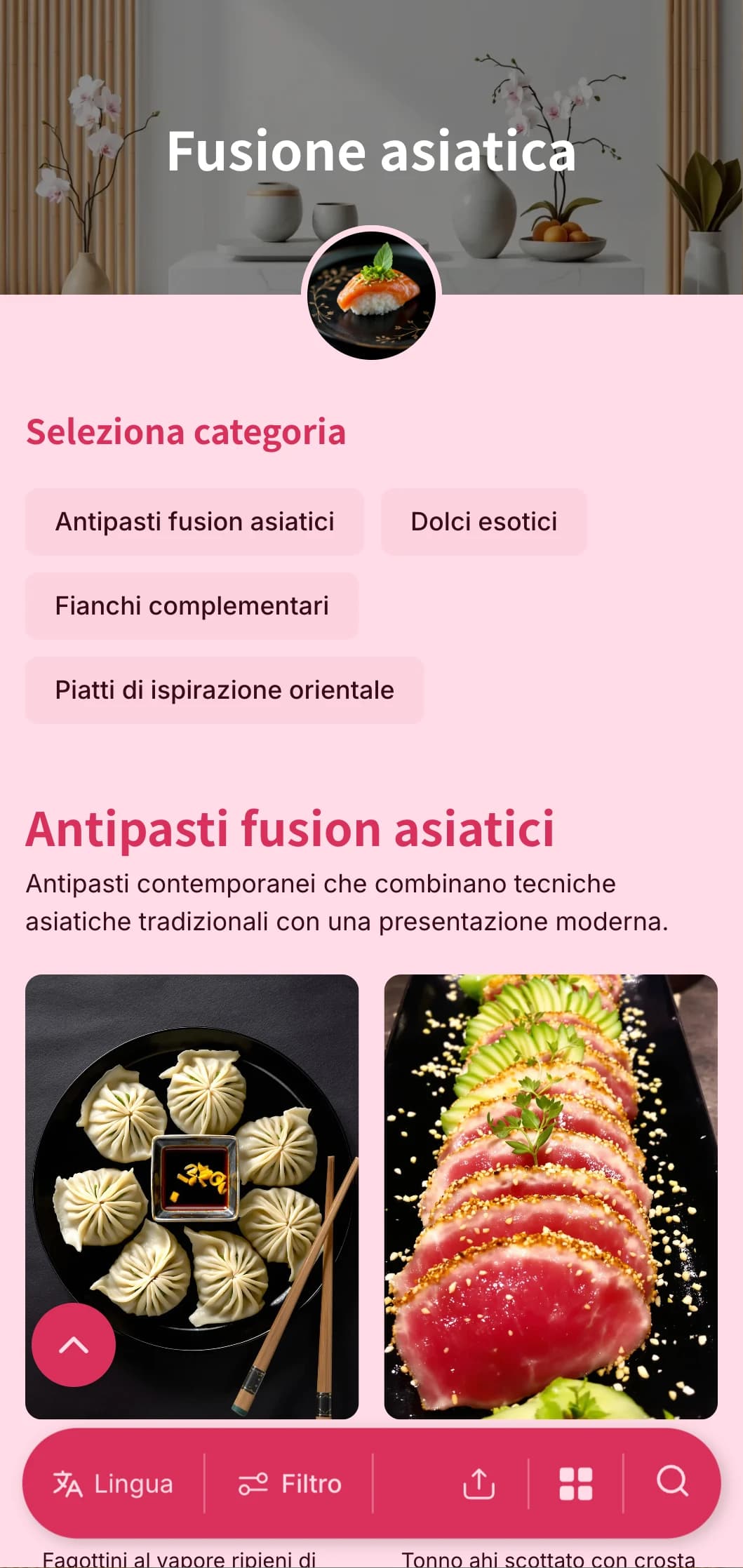 Catering contemporaneo di ispirazione asiatica che combina tecniche tradizionali con una presentazione moderna per eventi di tendenza e riunioni internazionali.