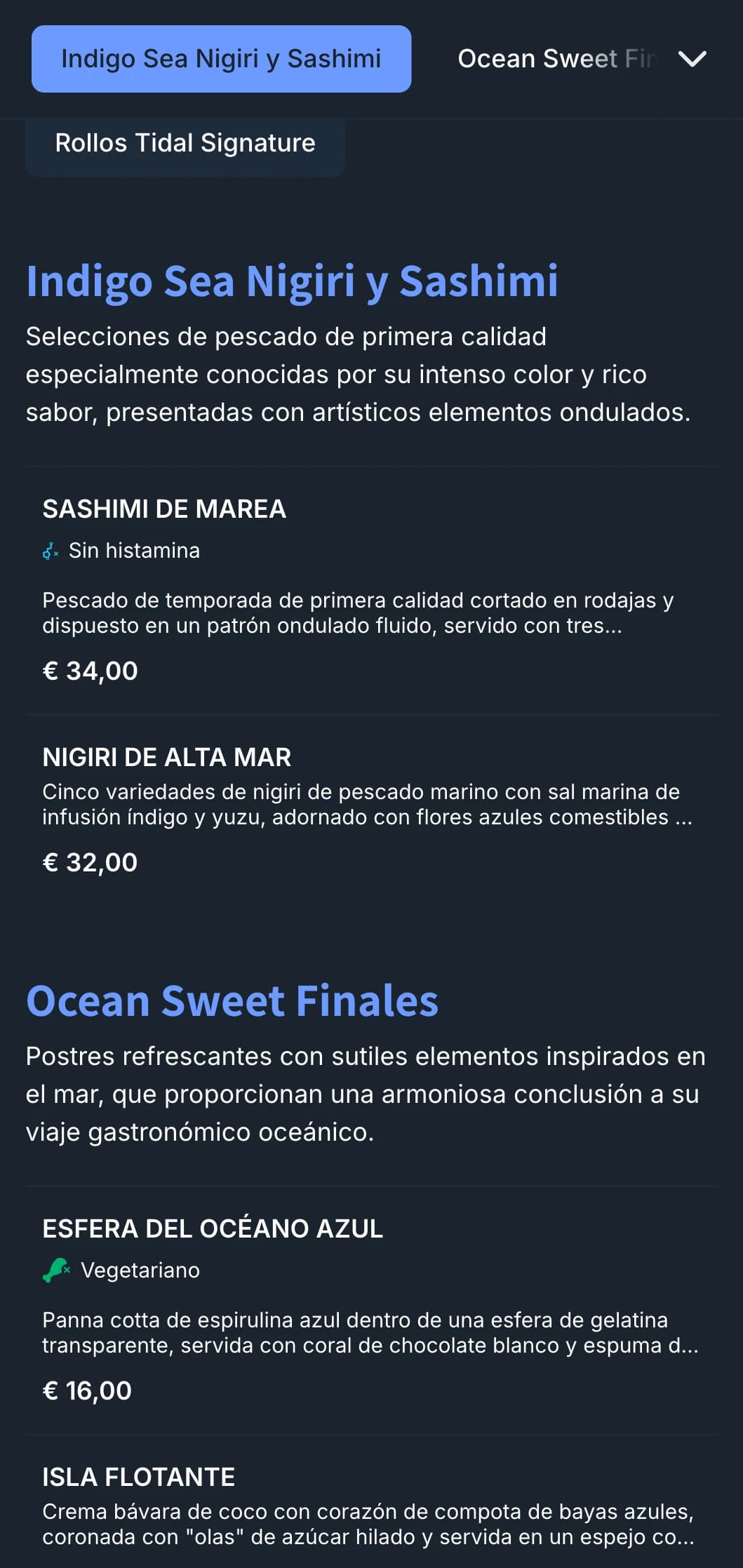Menú de sushi inspirado en el océano con olas de color índigo intenso y diseño contemporáneo para restaurantes especializados en marisco.