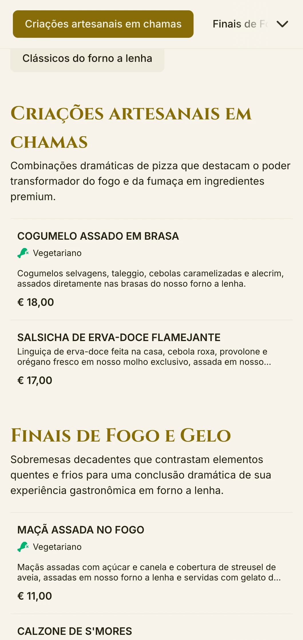 Cardápio de pizza dramático com cores ricas e tipografia arrojada para especialistas em forno a lenha.