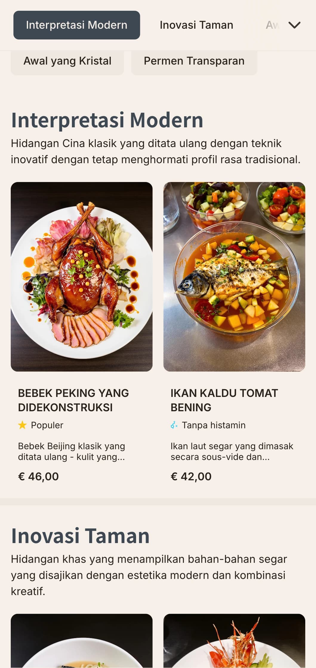 Desain menu Cina kontemporer dengan elemen yang terinspirasi dari kristal dan motif taman untuk restoran fusion modern.