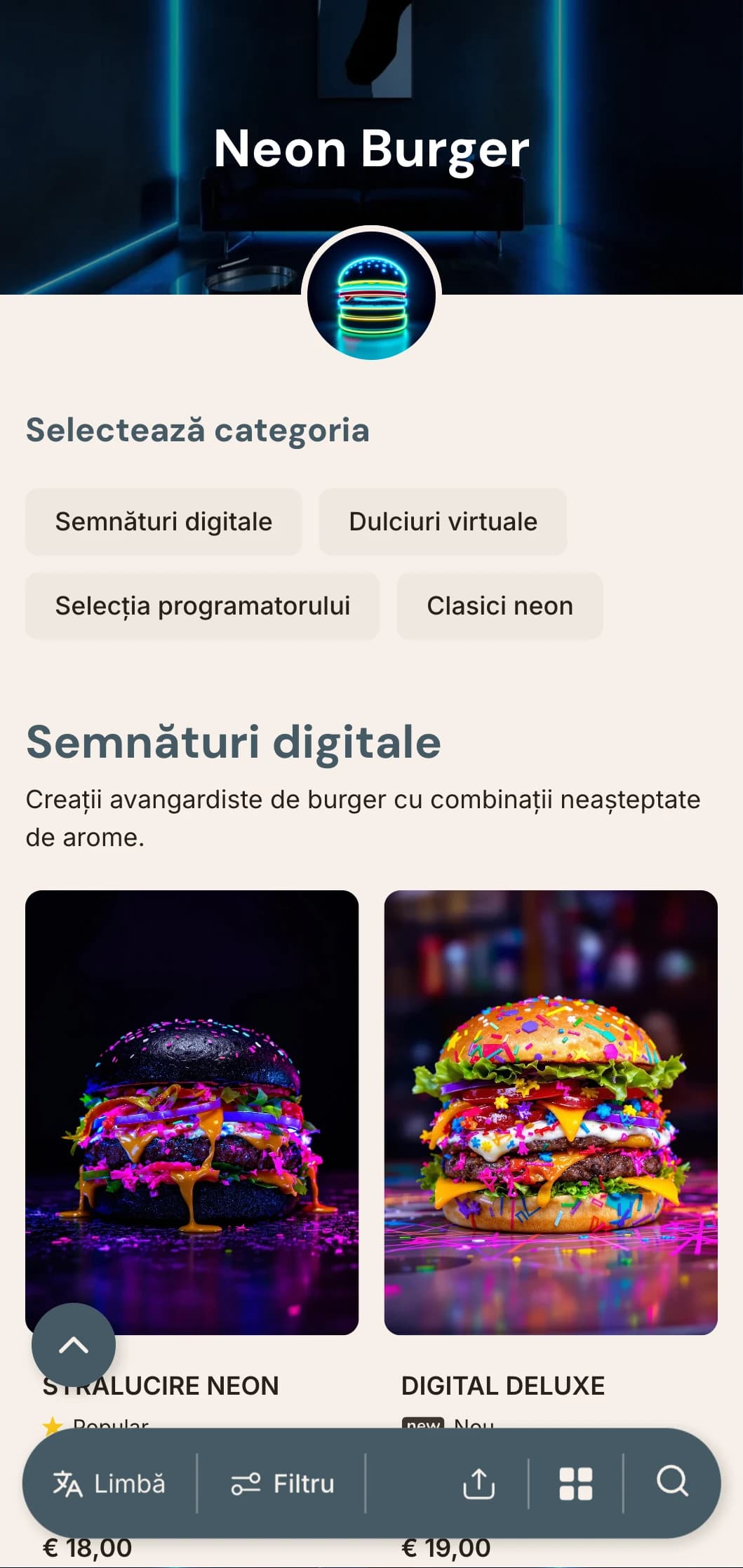 Burger bar vibrant inspirat din viața de noapte, cu accente de neon și atmosferă urbană contemporană.