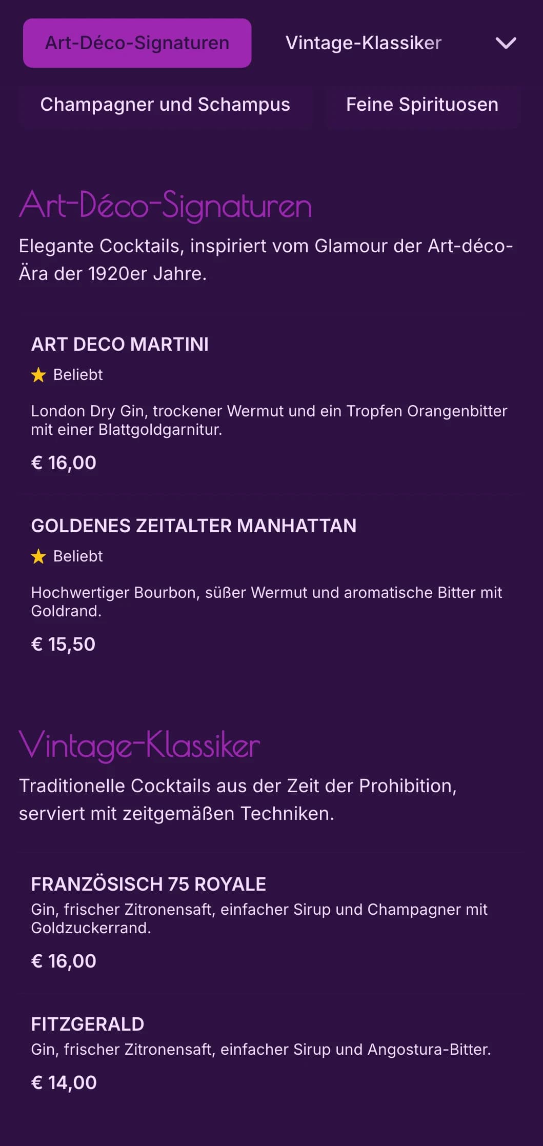Elegantes Design in Lila und Gold, inspiriert vom Art déco der 1920er Jahre, für gehobene Cocktaillounges.