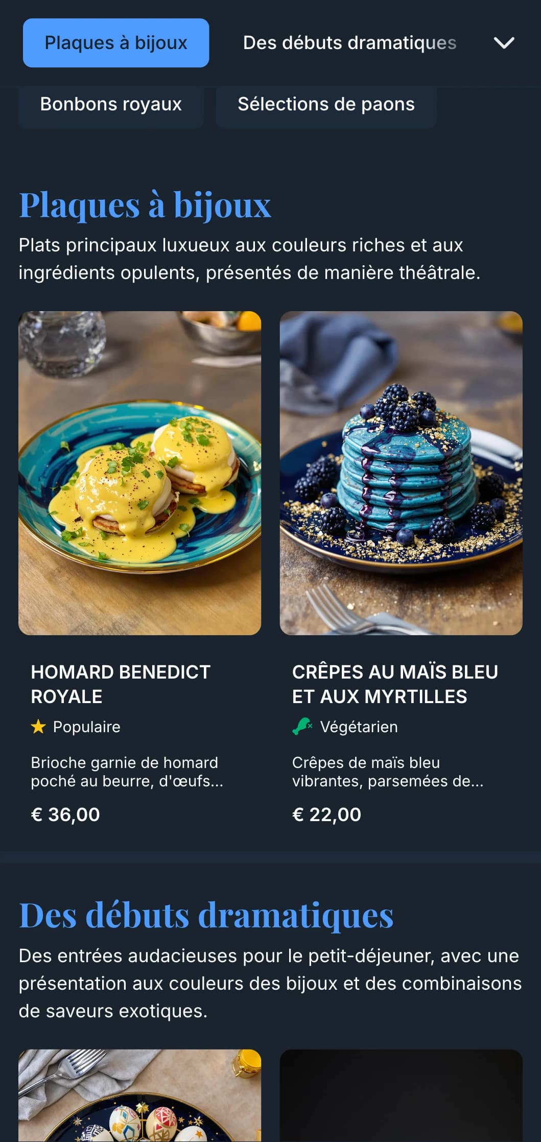 Un modèle de brunch riche, aux tons de bijoux, avec des détails élégants, adapté aux cafés de luxe et aux brunchs d'occasions spéciales.
