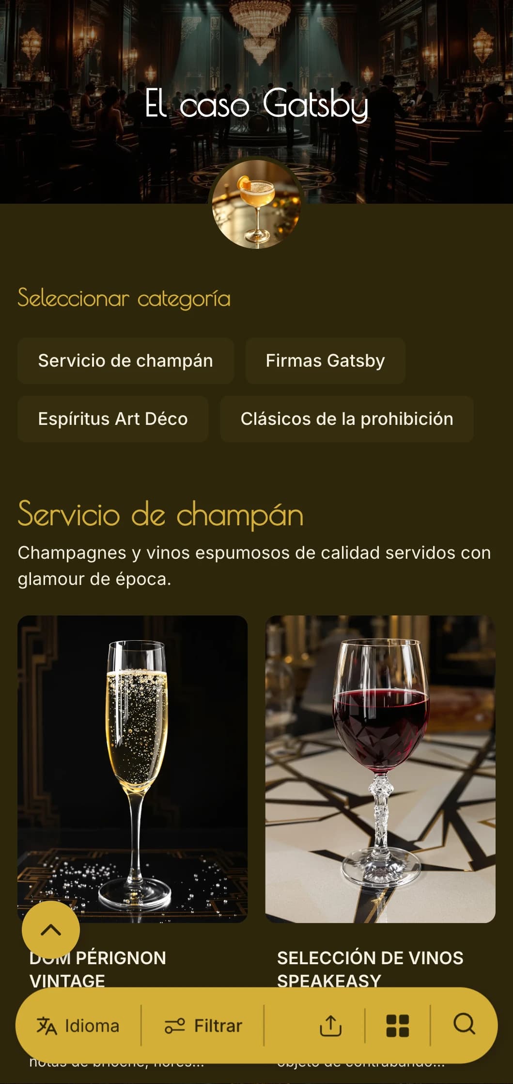 Diseño glamuroso en dorado y negro con auténticos motivos de los años 20 para salones de lujo.