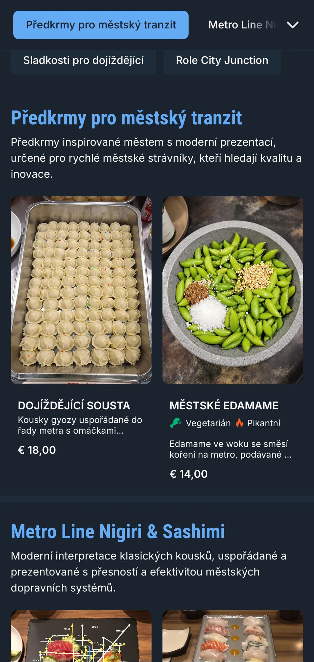 Městský jídelní lístek sushi inspirovaný metrem s chladnými modrými akcenty a moderní typografií pro místa v centru města.