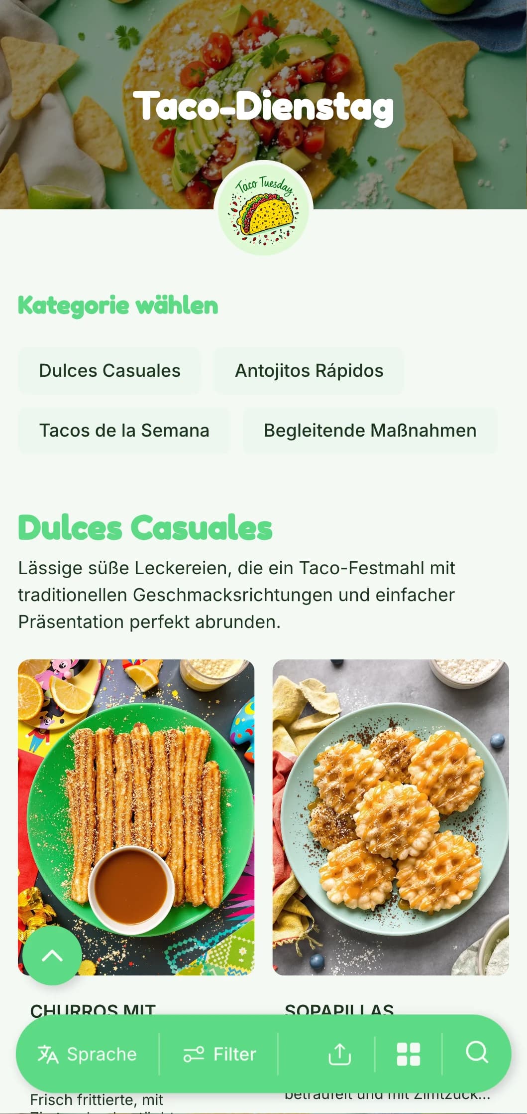 Lustige und lockere Taco-Speisekarte mit leuchtend grünen Akzenten, verspielten Illustrationen und kreativen Taco-Variationen für Wochentags-Specials.