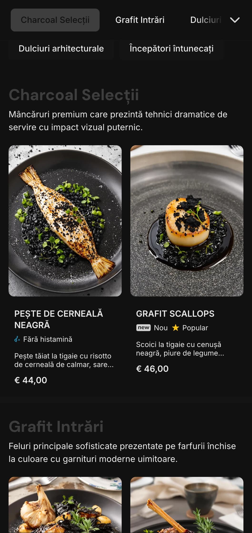 Concept contemporan, îndrăzneț, cu tonuri adânci de cărbune și contraste puternice pentru o experiență culinară spectaculoasă.