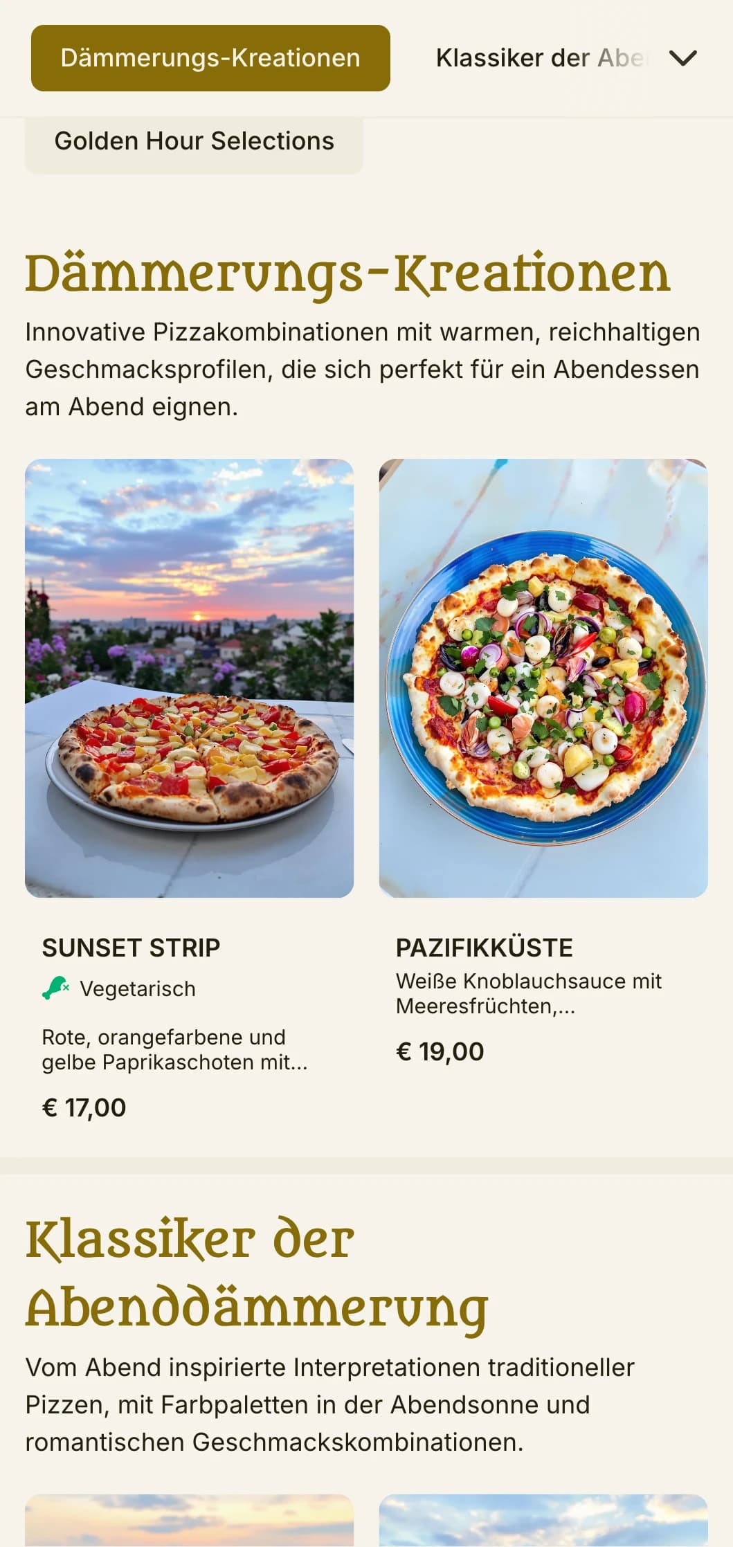 Lebendiges Pizza-Menü zum Thema Abend, mit Farbpalette zum Sonnenuntergang und romantischen Elementen.
